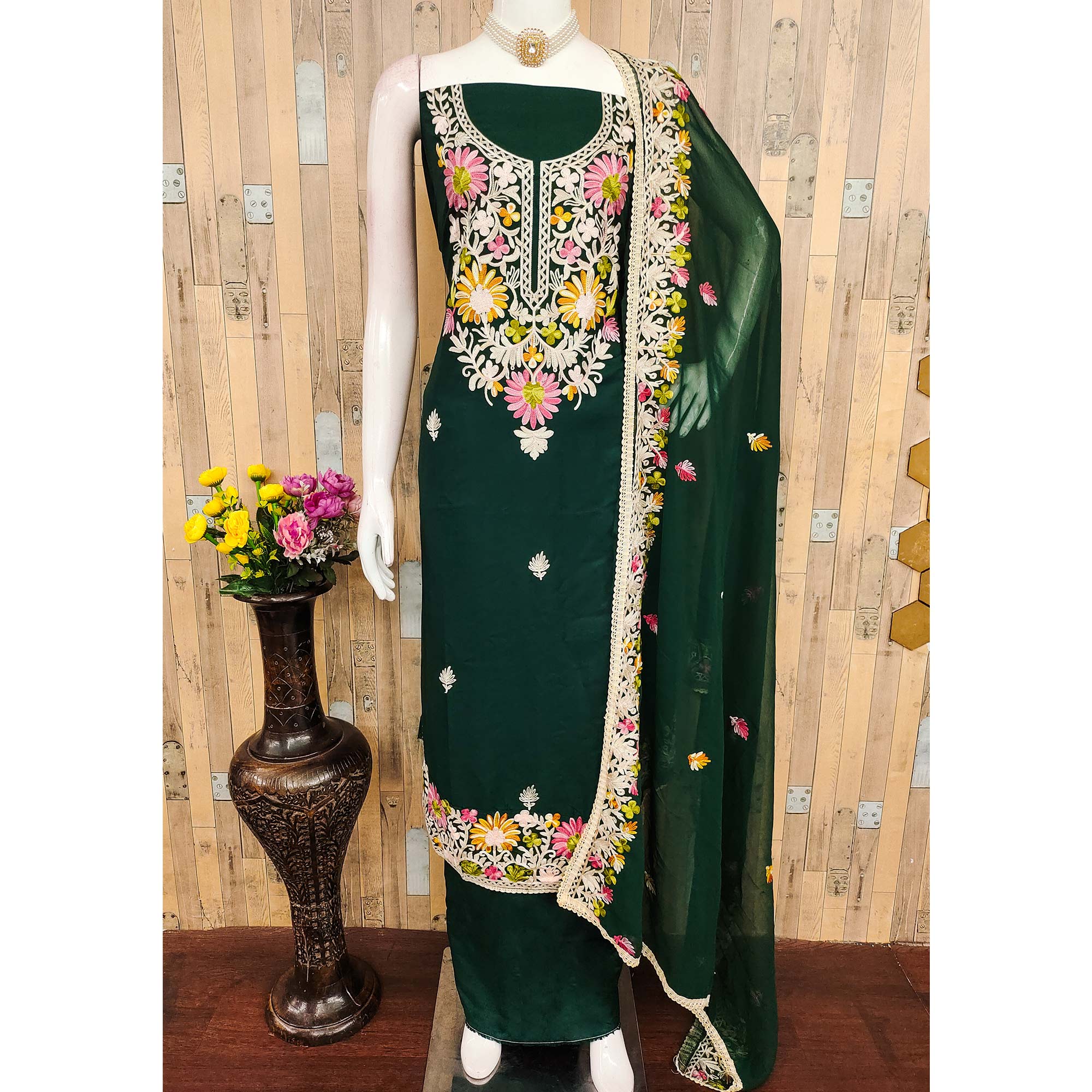 Elegant Green Floral Thread Embroidered Rayon Dress Material