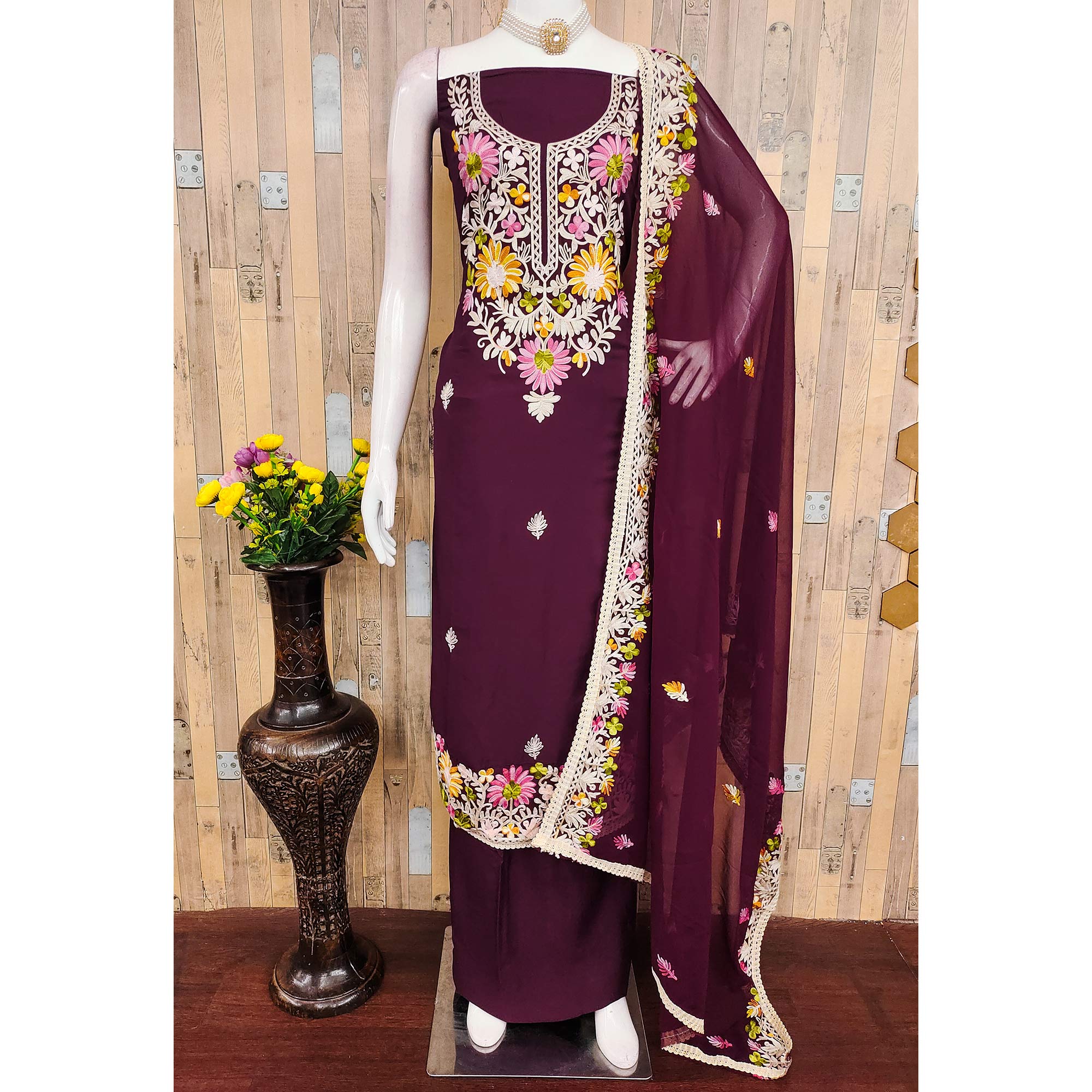 Elegant Wine Floral Thread Embroidered Rayon Dress Material