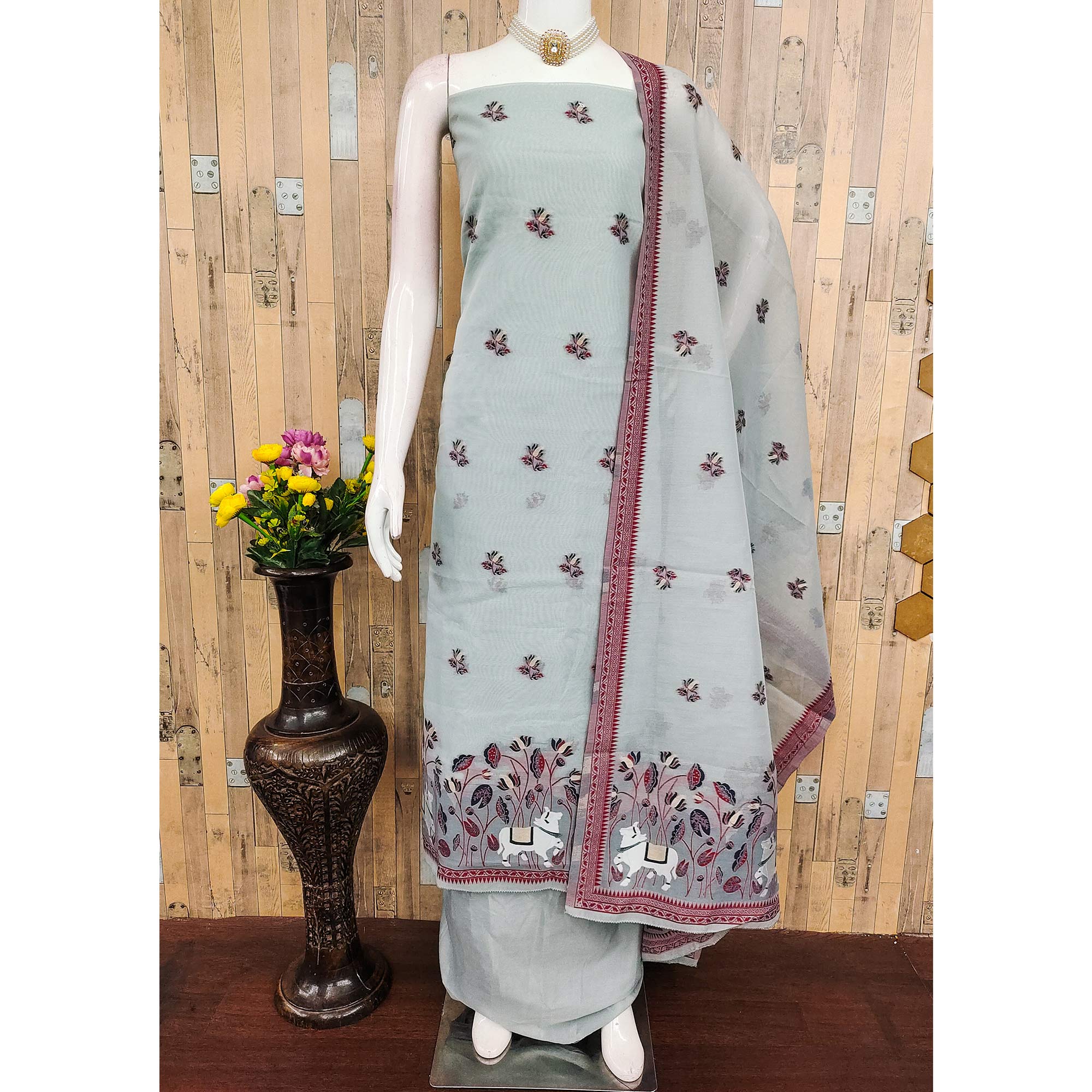 Premium Grey Chanderi Silk Weaving Dress Material With Artistic Floral & Animal Motifs
