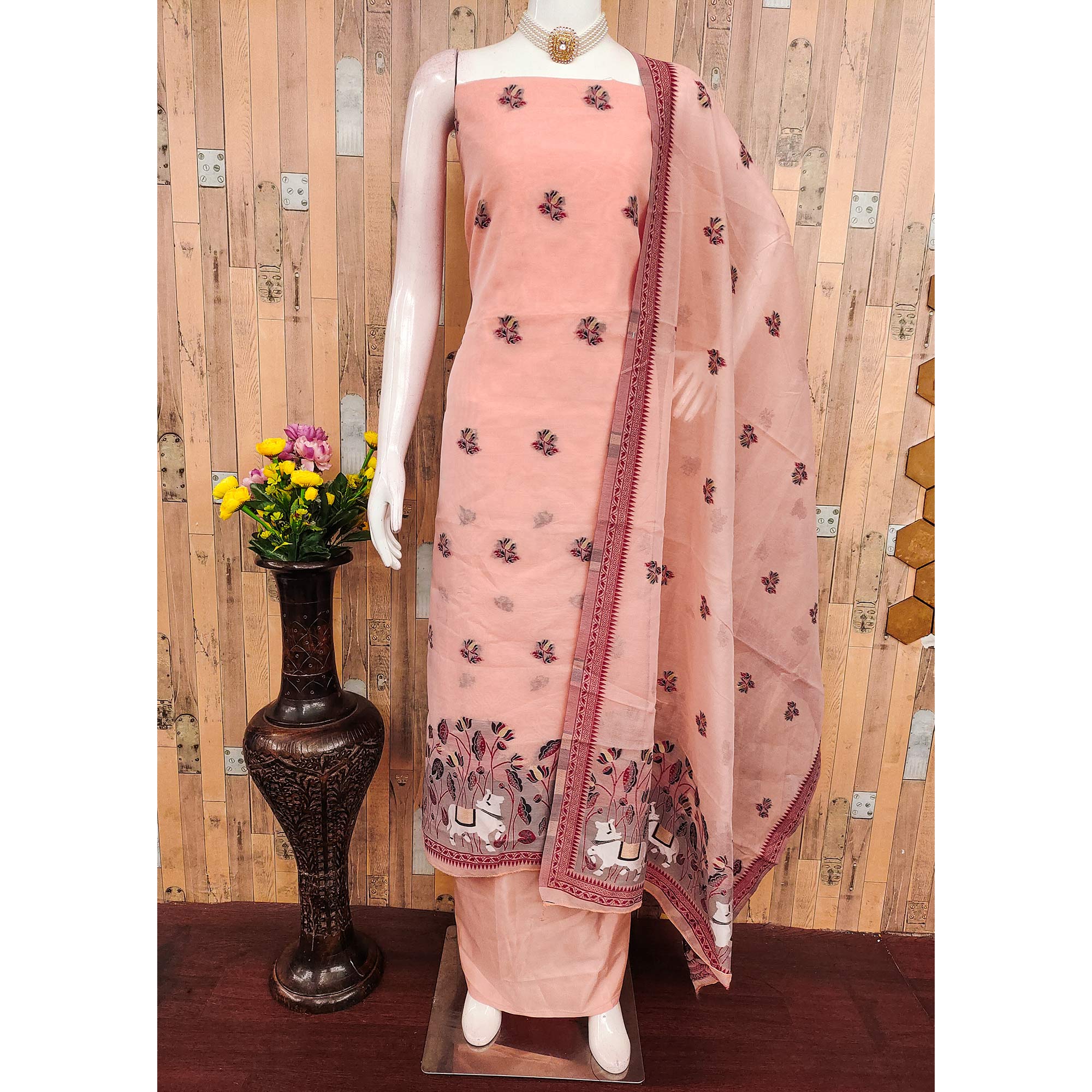 Premium Peach Chanderi Silk Weaving Dress Material With Artistic Floral & Animal Motifs