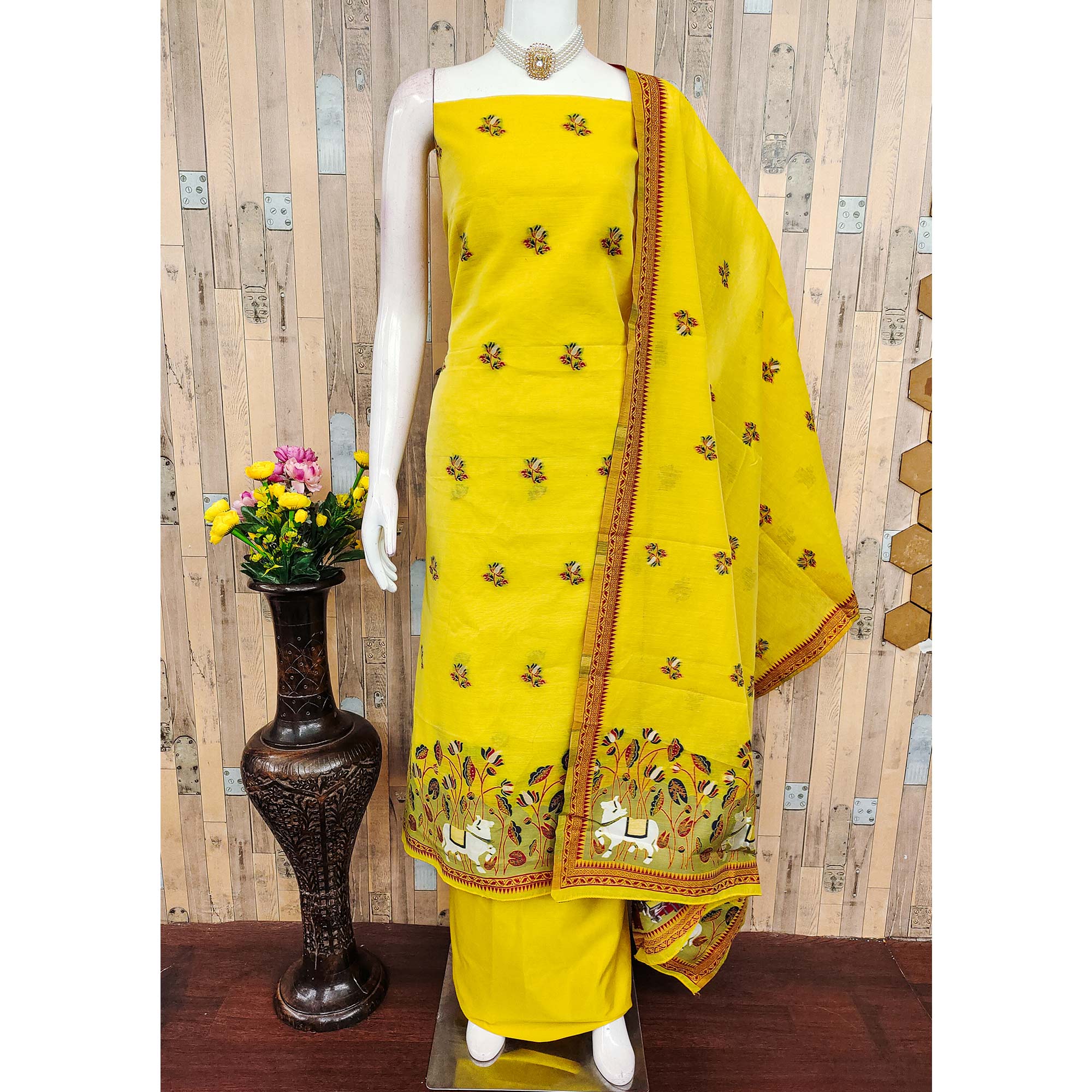 Premium Yellow Chanderi Silk Weaving Dress Material With Artistic Floral & Animal Motifs
