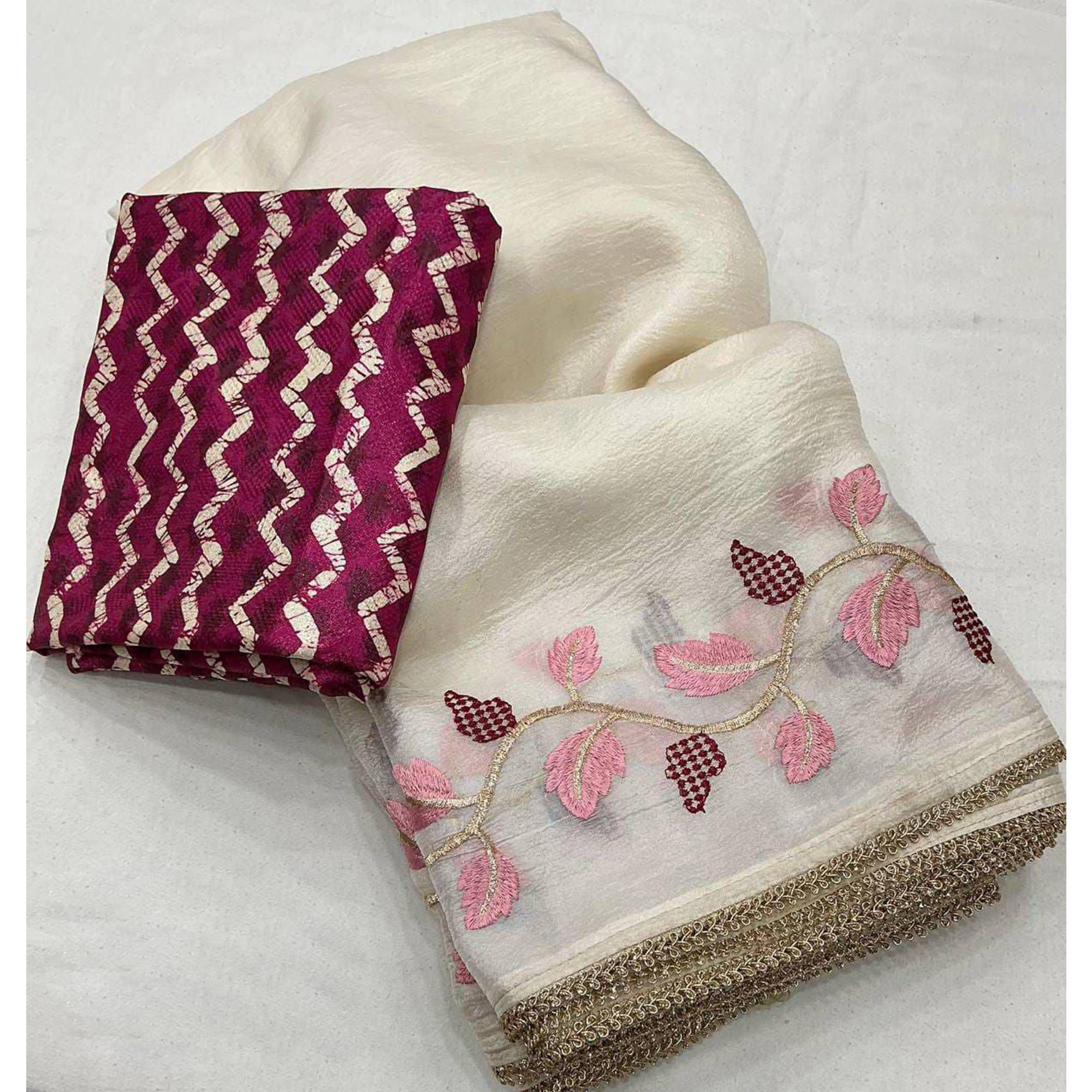 Off White Thread Embroidered Crush Georgette Saree