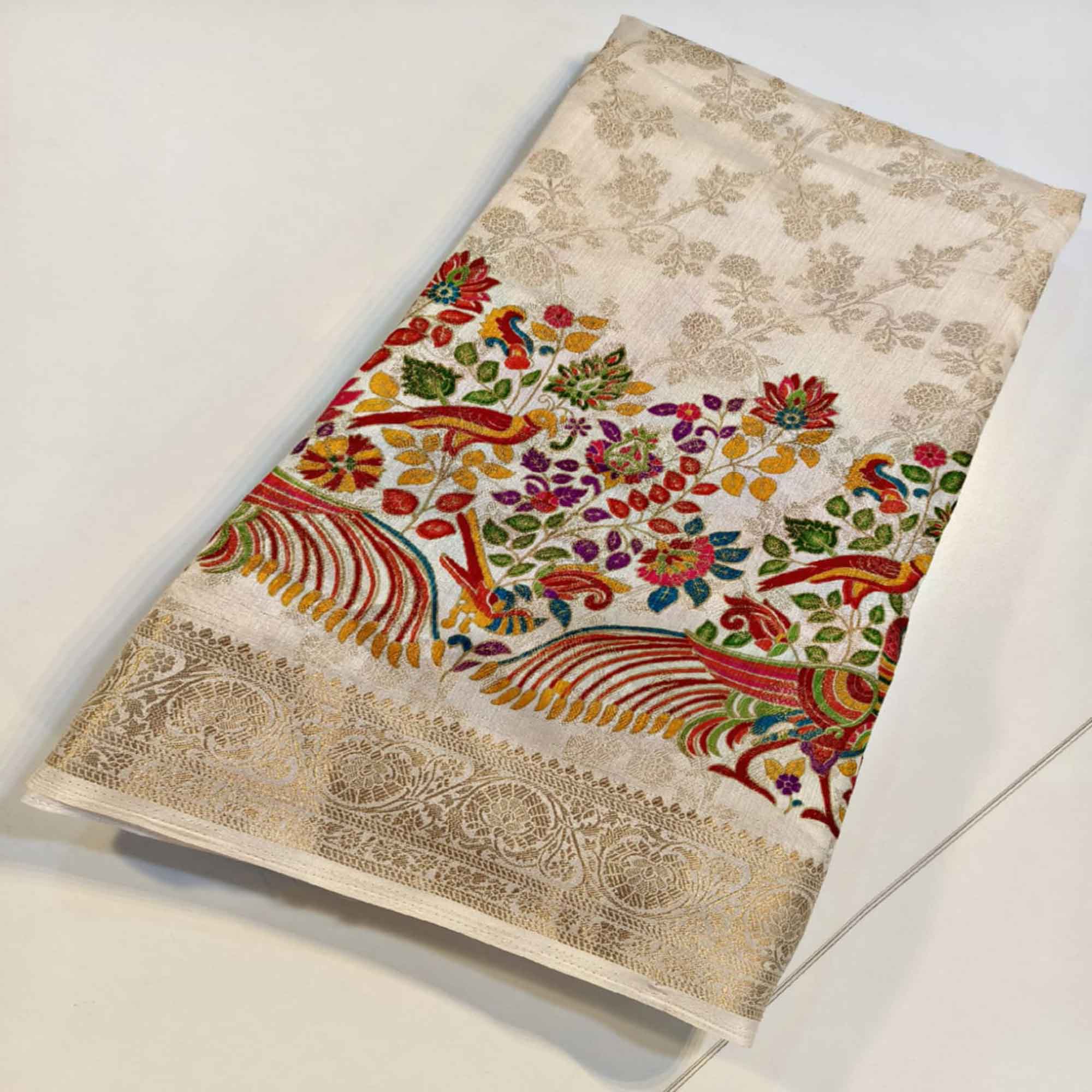 Off white Dola Silk Fabric with Multicolor Peacock & Floral Weaving