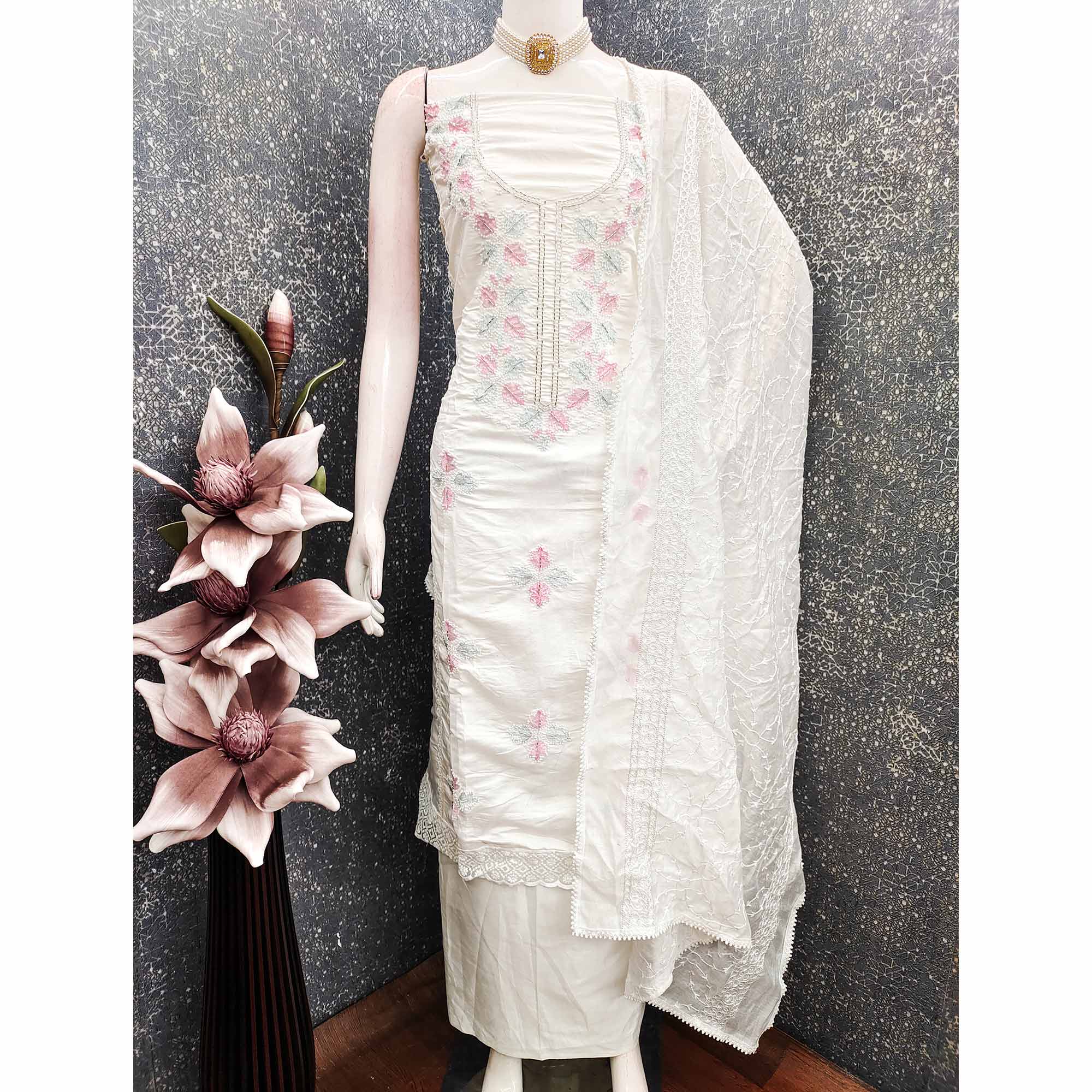 Festive White Chanderi Silk Dress Material with Exquisite Embroidery and Beads Highlights