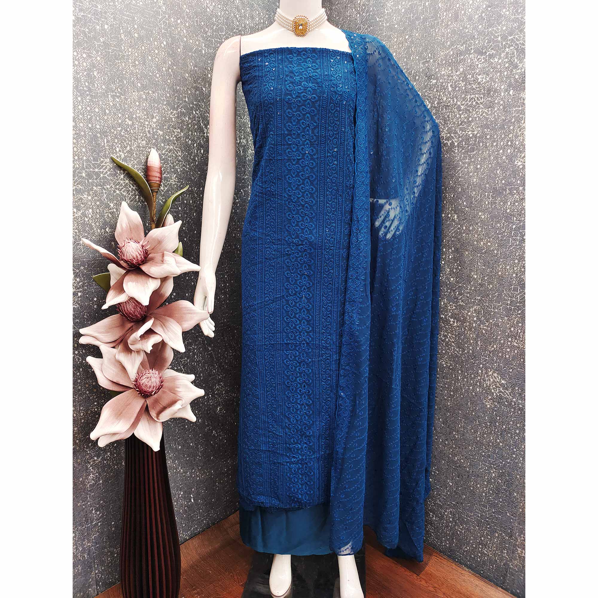 Lightweight Blue Georgette Dress Material Adorned with Beautiful Floral Embroidery
