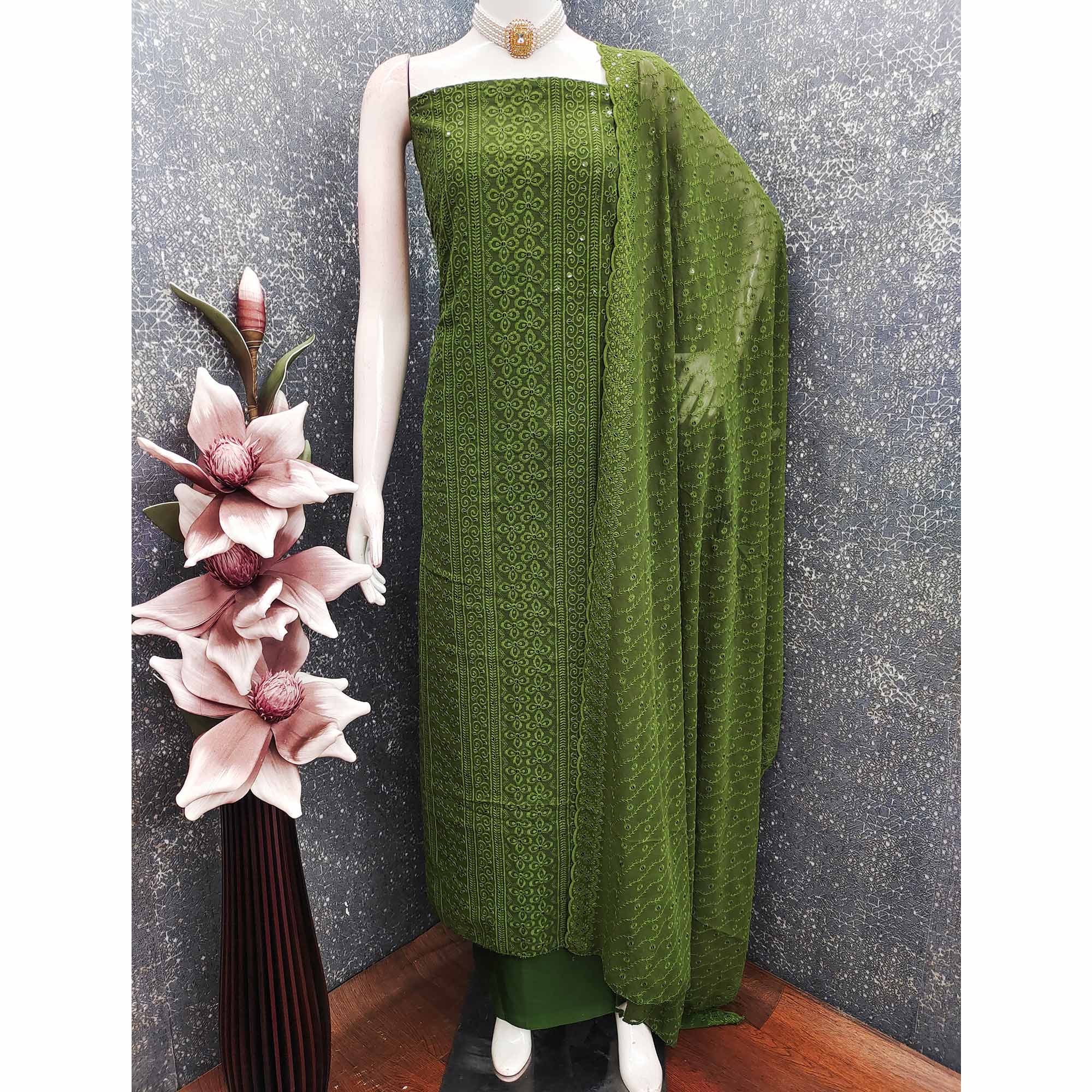 Lightweight Green Georgette Dress Material Adorned with Beautiful Floral Embroidery