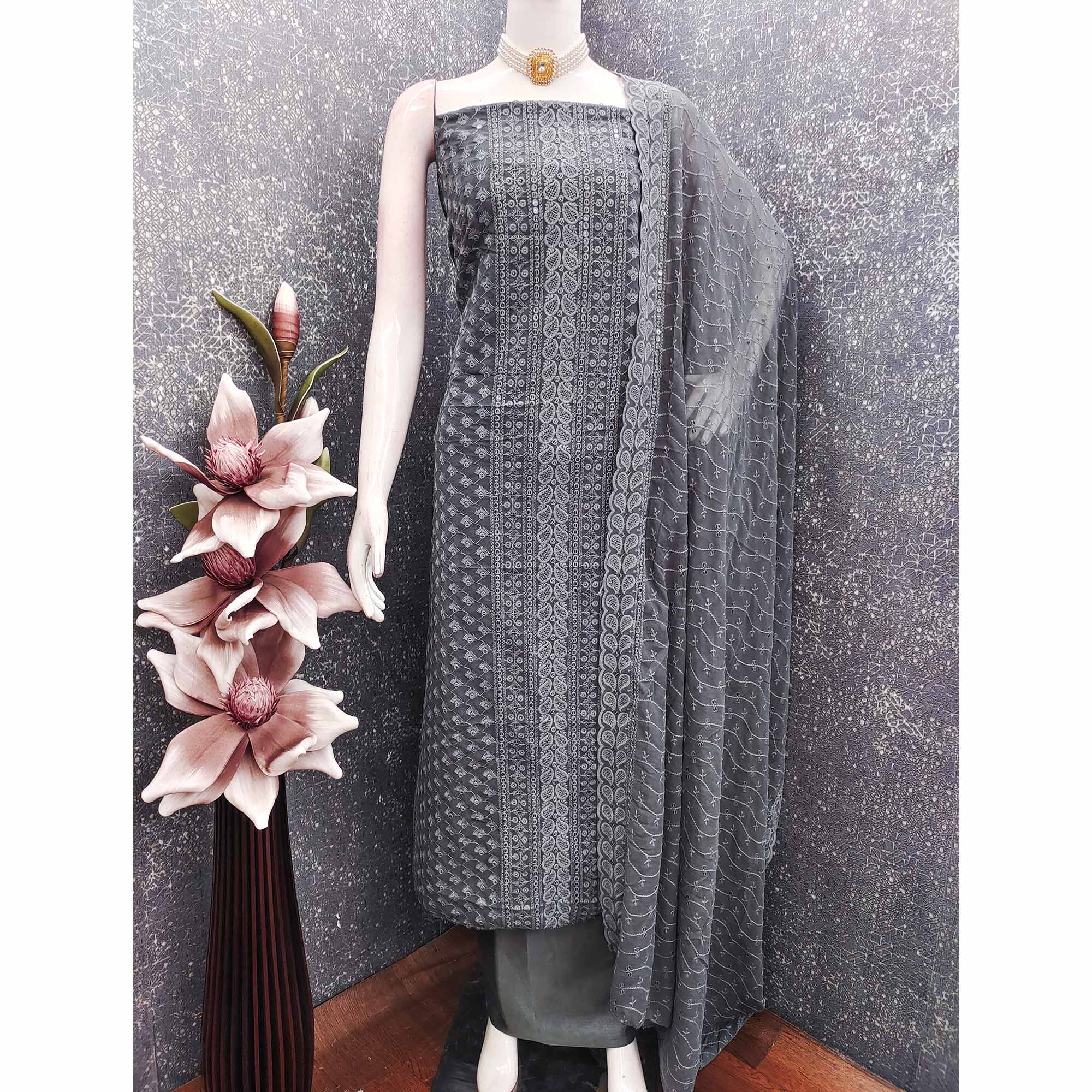 Lightweight Grey Georgette Dress Material Adorned with Beautiful Floral Embroidery