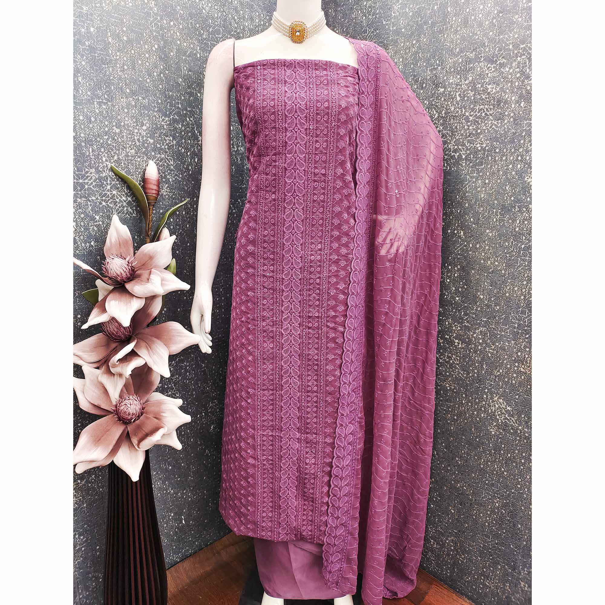 Lightweight Mauve Georgette Dress Material Adorned with Beautiful Floral Embroidery