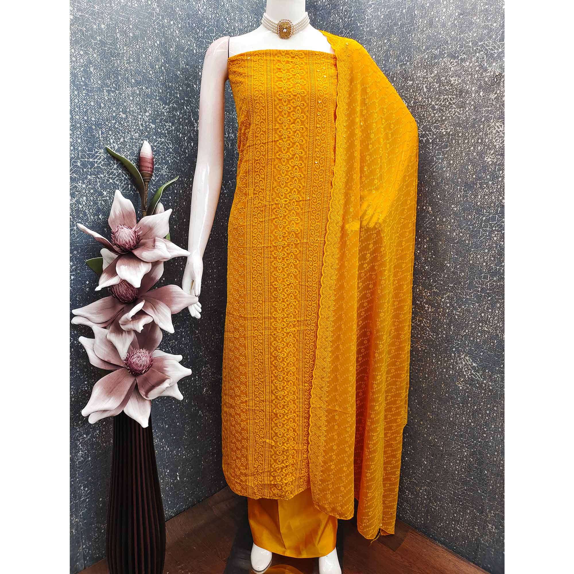 Lightweight Mustard Georgette Dress Material Adorned with Beautiful Floral Embroidery
