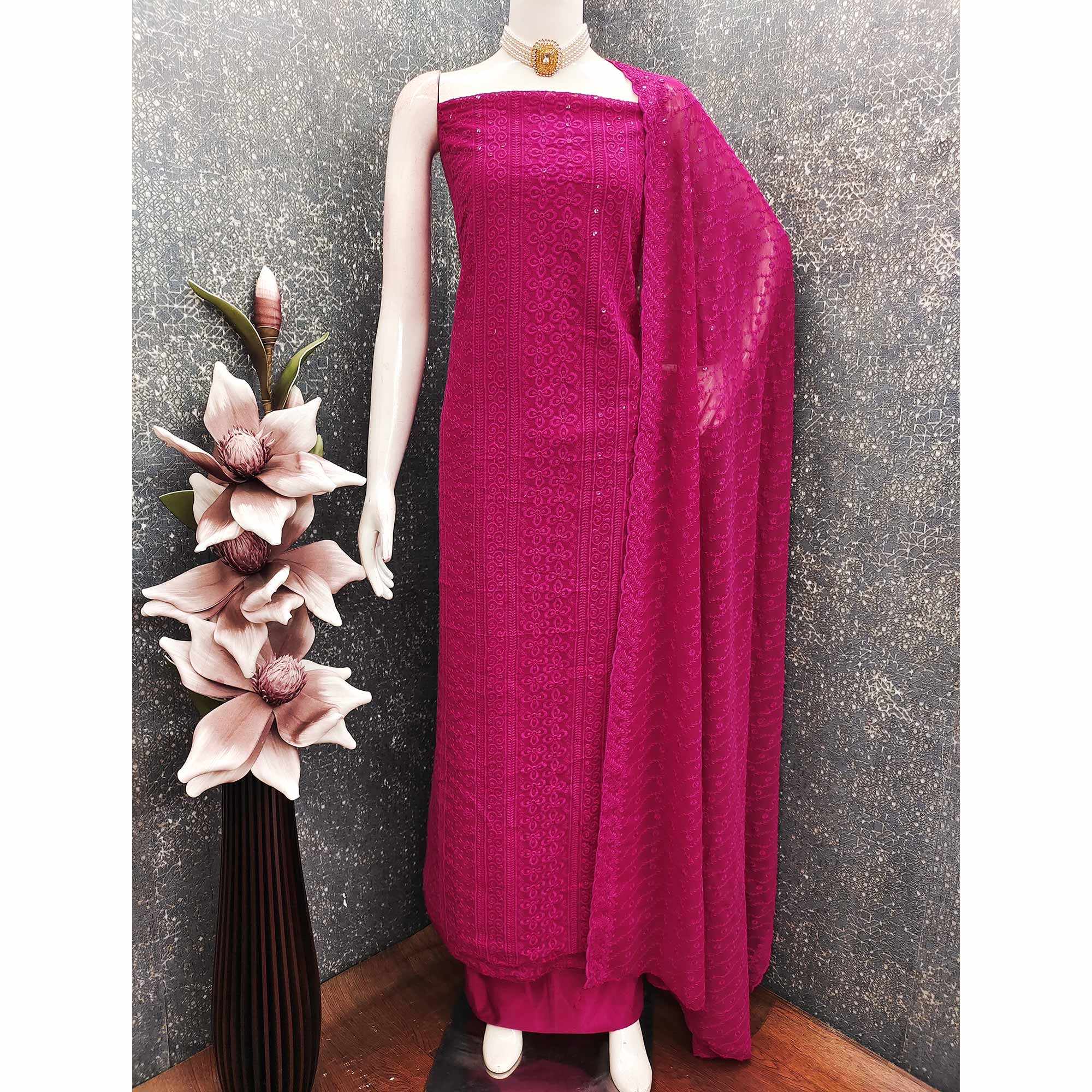 Lightweight Pink Georgette Dress Material Adorned with Beautiful Floral Embroidery