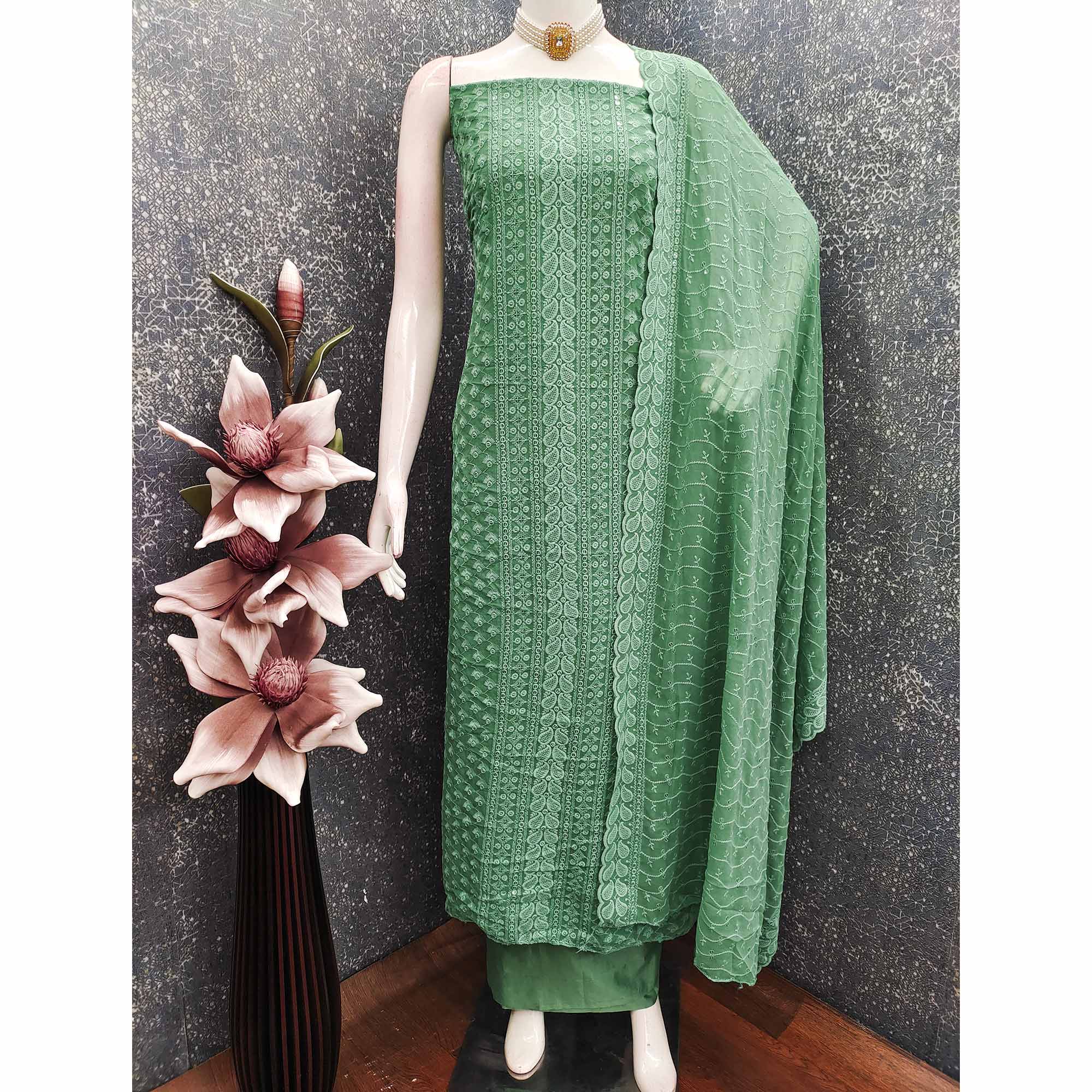Lightweight Pista Green Georgette Dress Material Adorned with Beautiful Floral Embroidery
