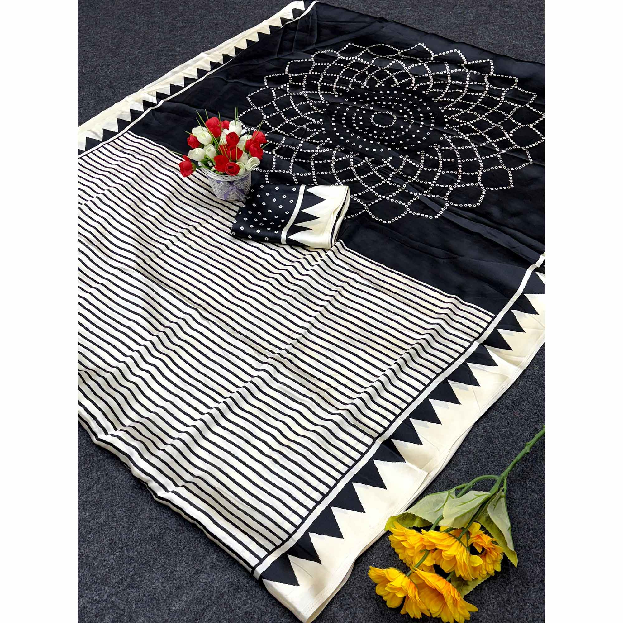 Party Perfect Off White & Black Saree Crafted in Cream Crepe Fabric with Striped Print