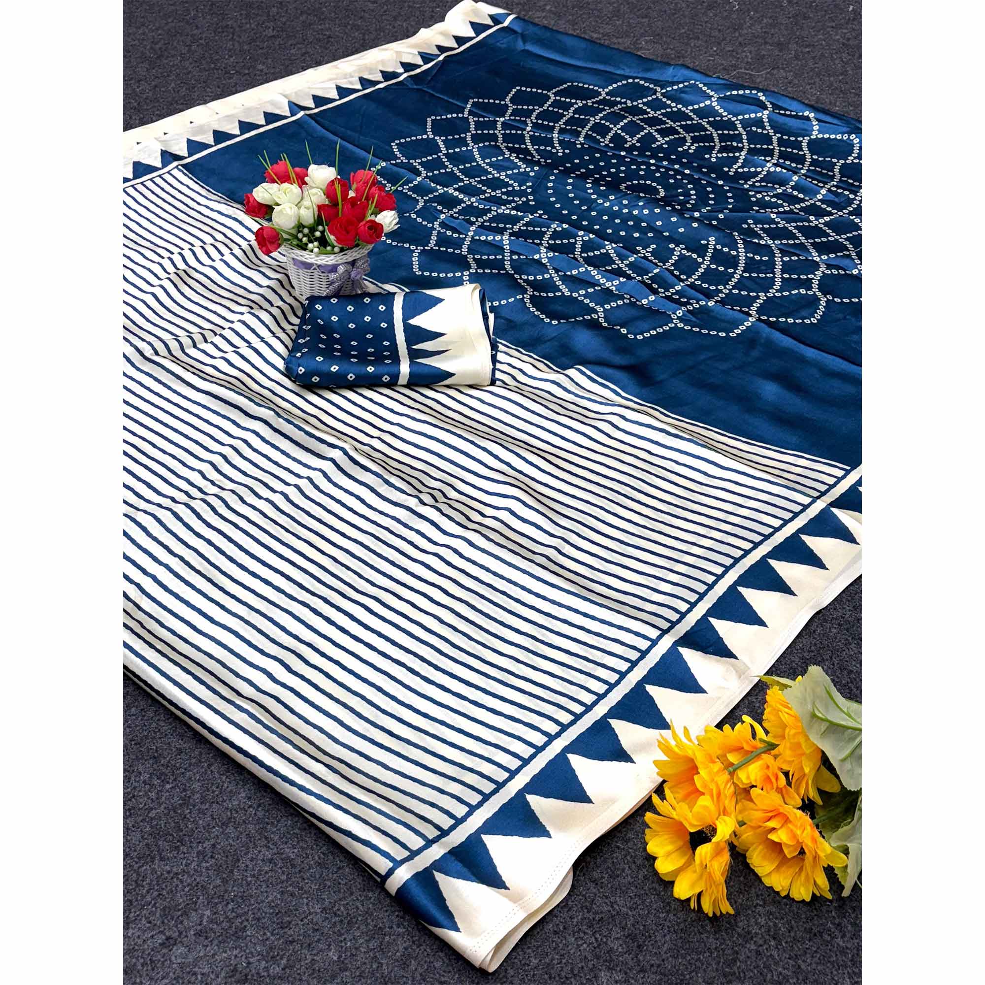 Party Perfect Off White & Blue Saree Crafted in Cream Crepe Fabric with Striped Print