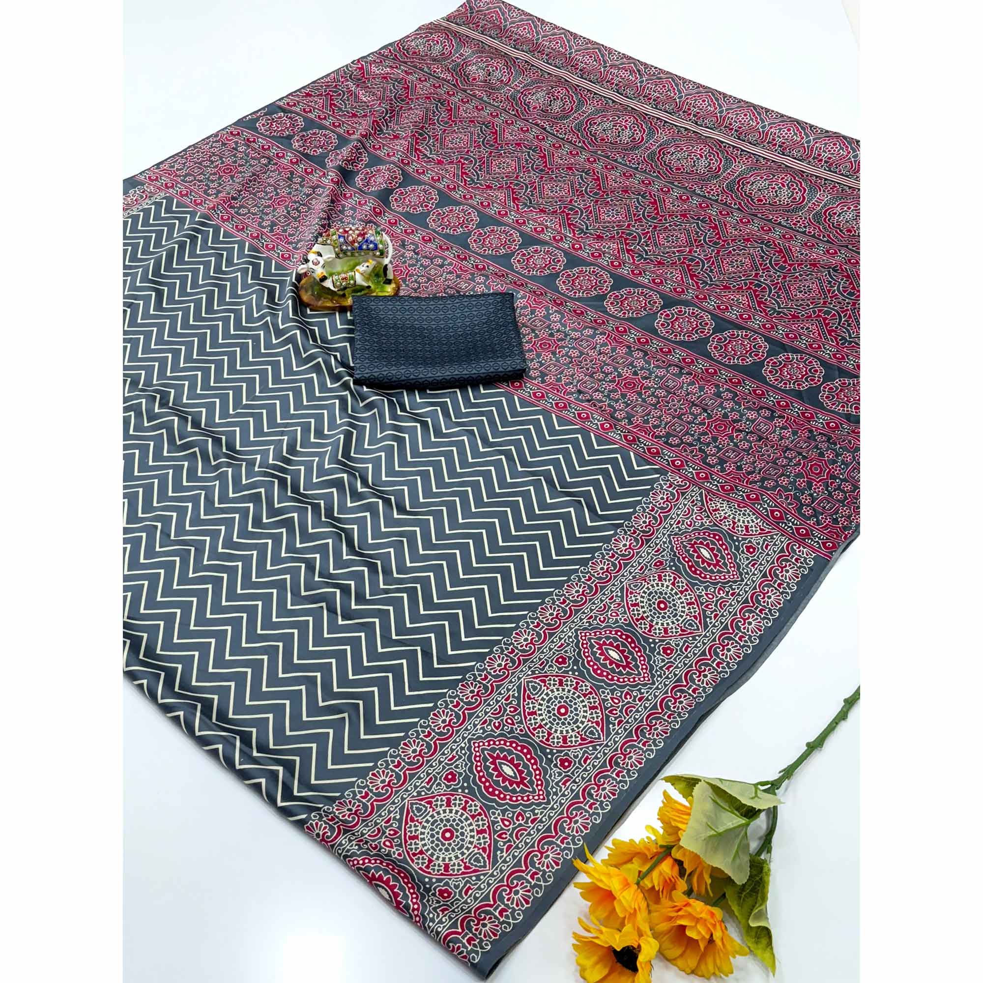 Chic Grey Crepe Saree with Contemporary Striped Print for Party and Festive Wear