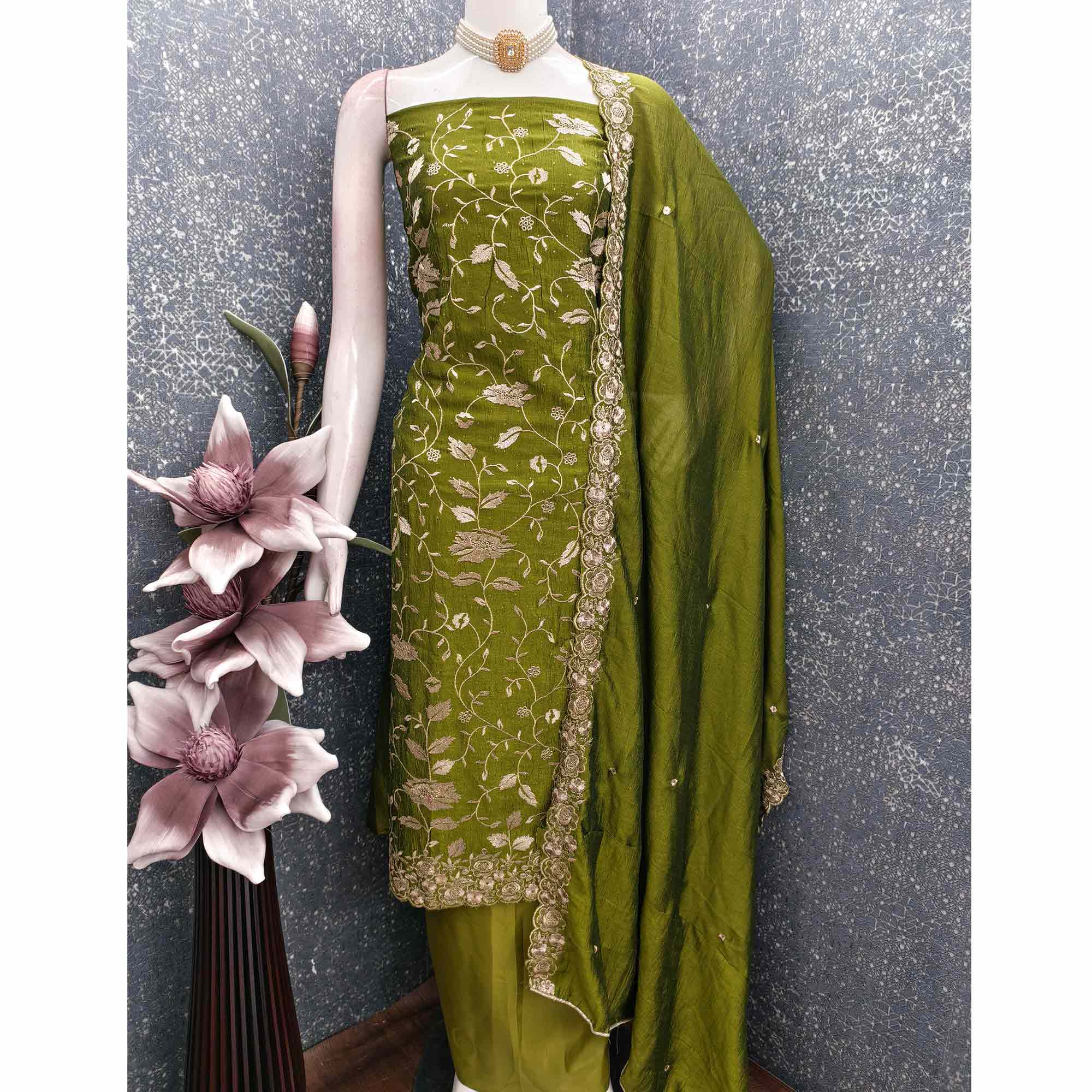 Mehendi Green Vichitra Silk Dress Material With Delicate Floral Embroidery & Sparkling Stone Accent