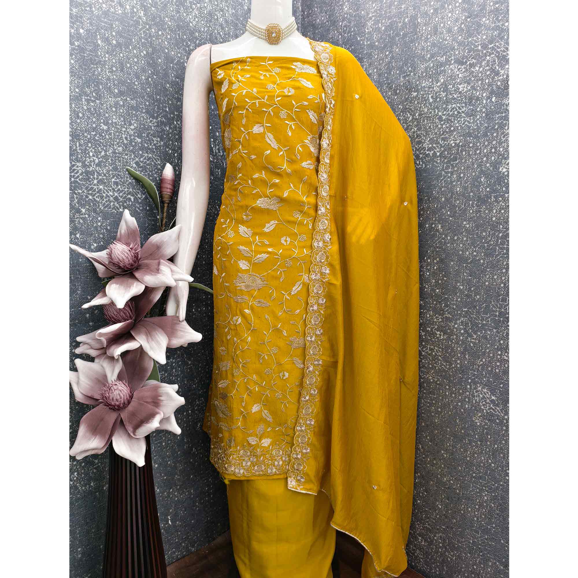 Mustard Vichitra Silk Dress Material With Delicate Floral Embroidery & Sparkling Stone Accents