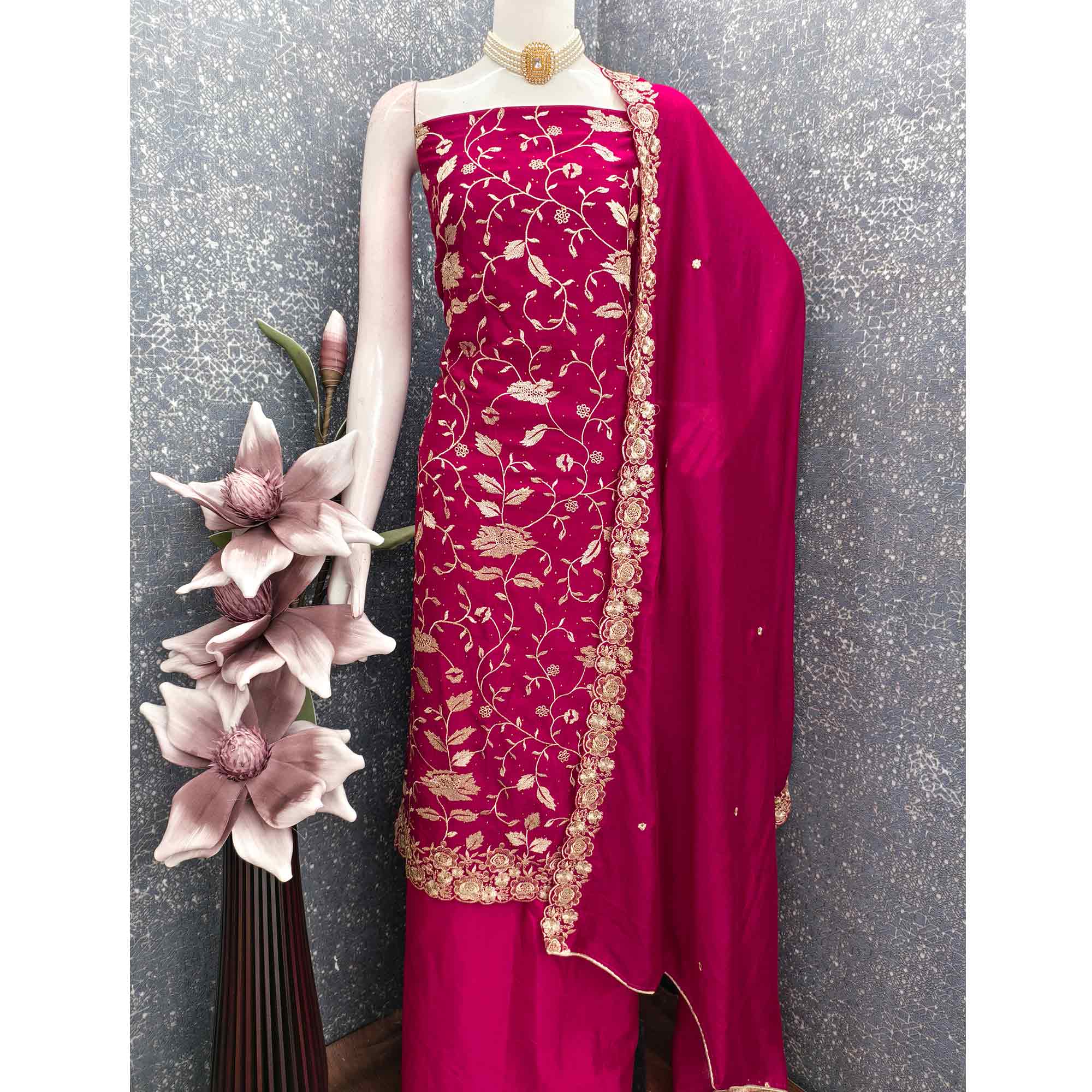 Rani Pink Vichitra Silk Dress Material With Delicate Floral Embroidery & Sparkling Stone Accents