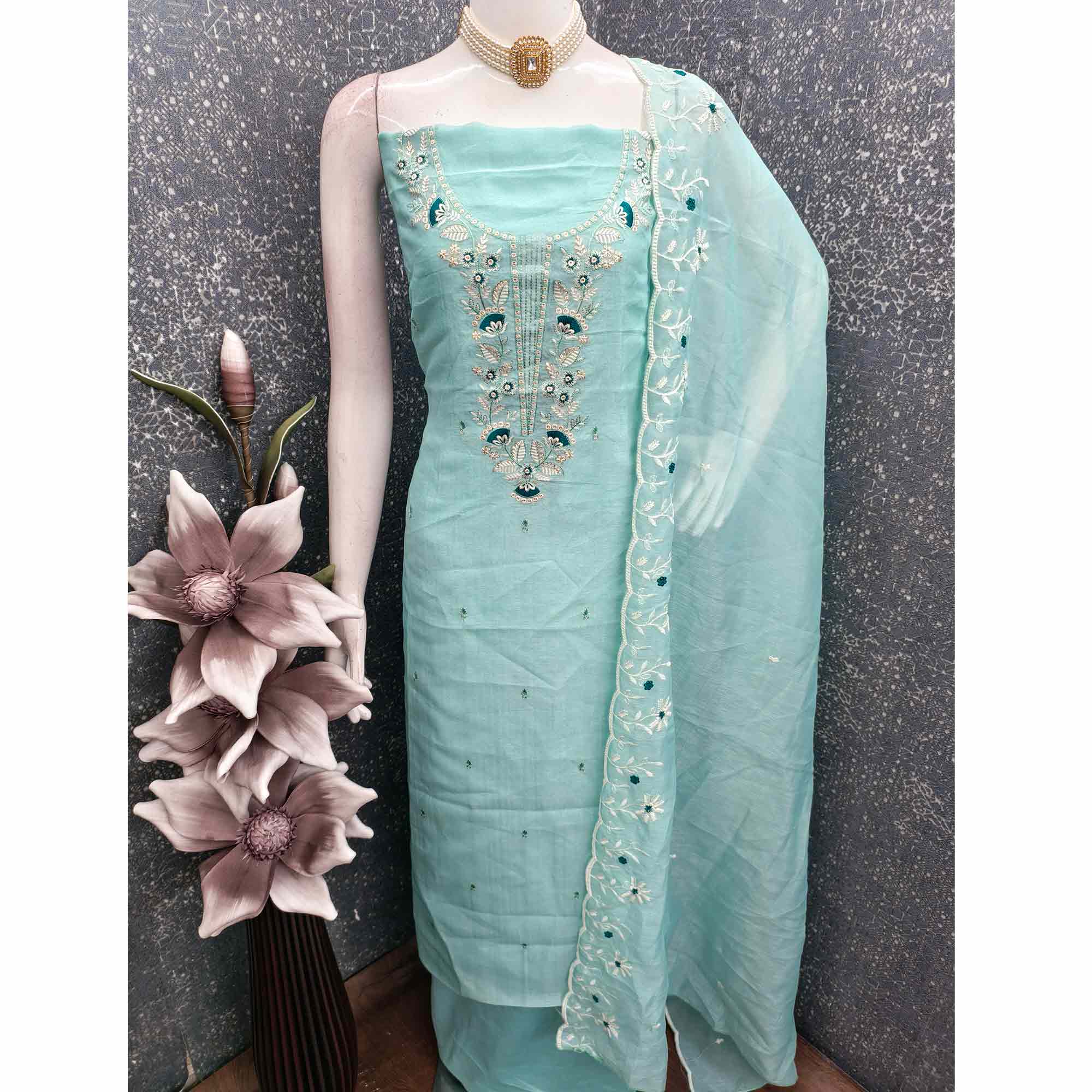 Blue Art Silk Dress Material With Graceful Floral Thread Embroidery & Sparkling Sequins