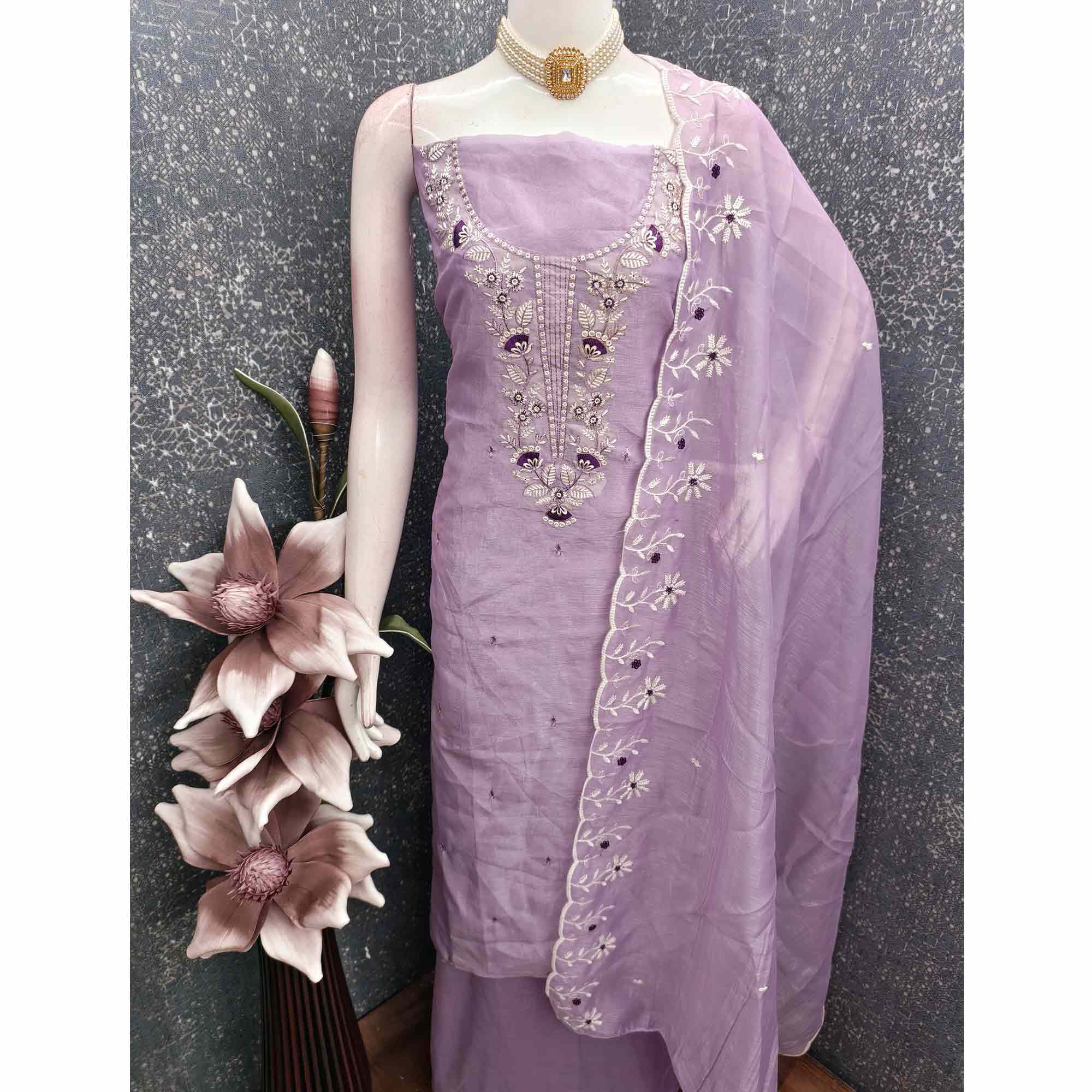 Lavender Art Silk Dress Material With Graceful Floral Thread Embroidery & Sparkling Sequins