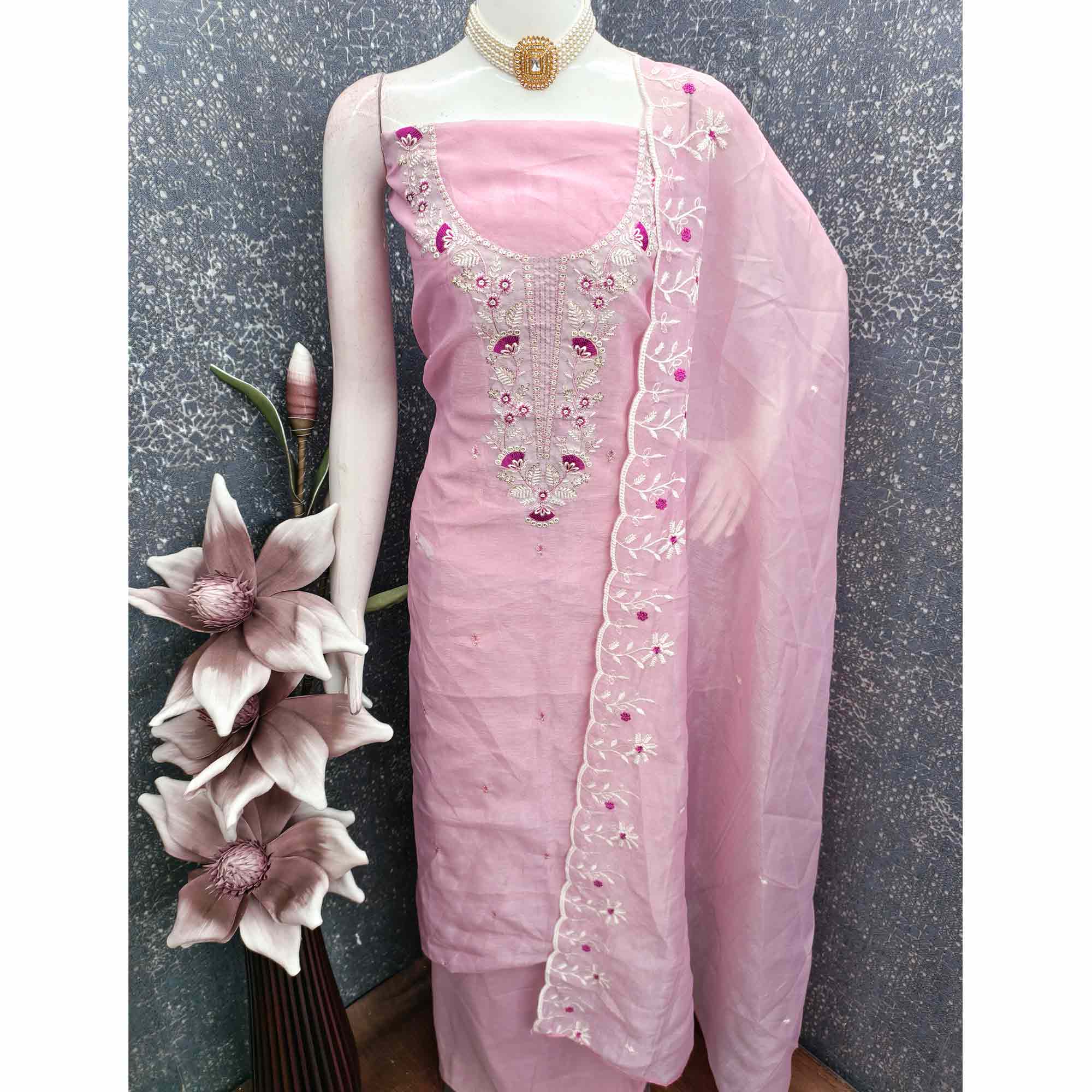 Pink Art Silk Dress Material With Graceful Floral Thread Embroidery & Sparkling Sequins
