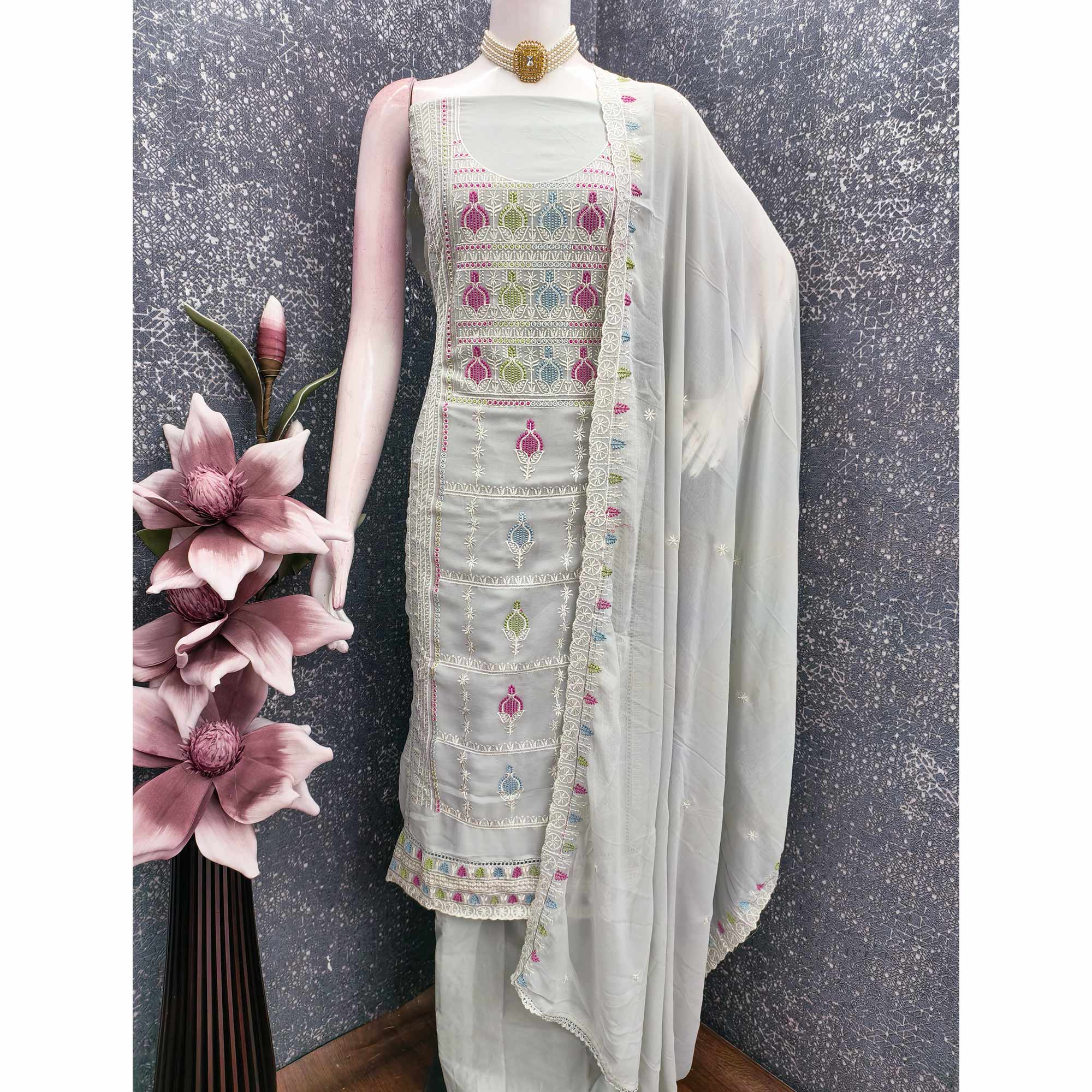Sophisticated Grey Georgette Dress Material Accented With Ornate Floral Thread Embroidery
