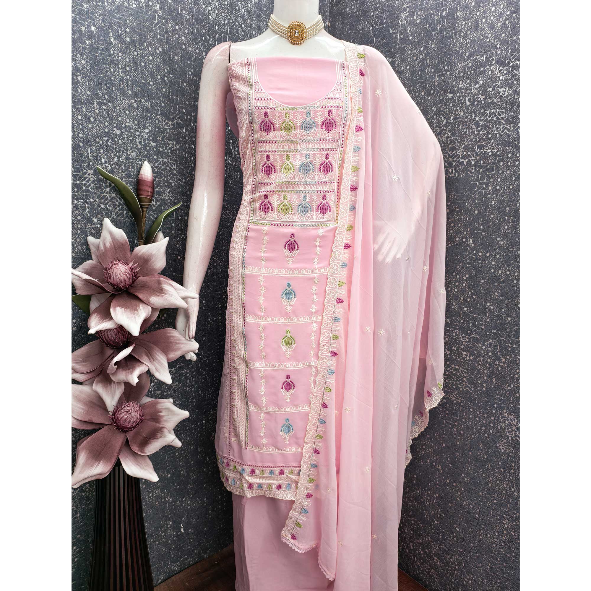 Sophisticated Pink Georgette Dress Material Accented With Ornate Floral Thread Embroidery