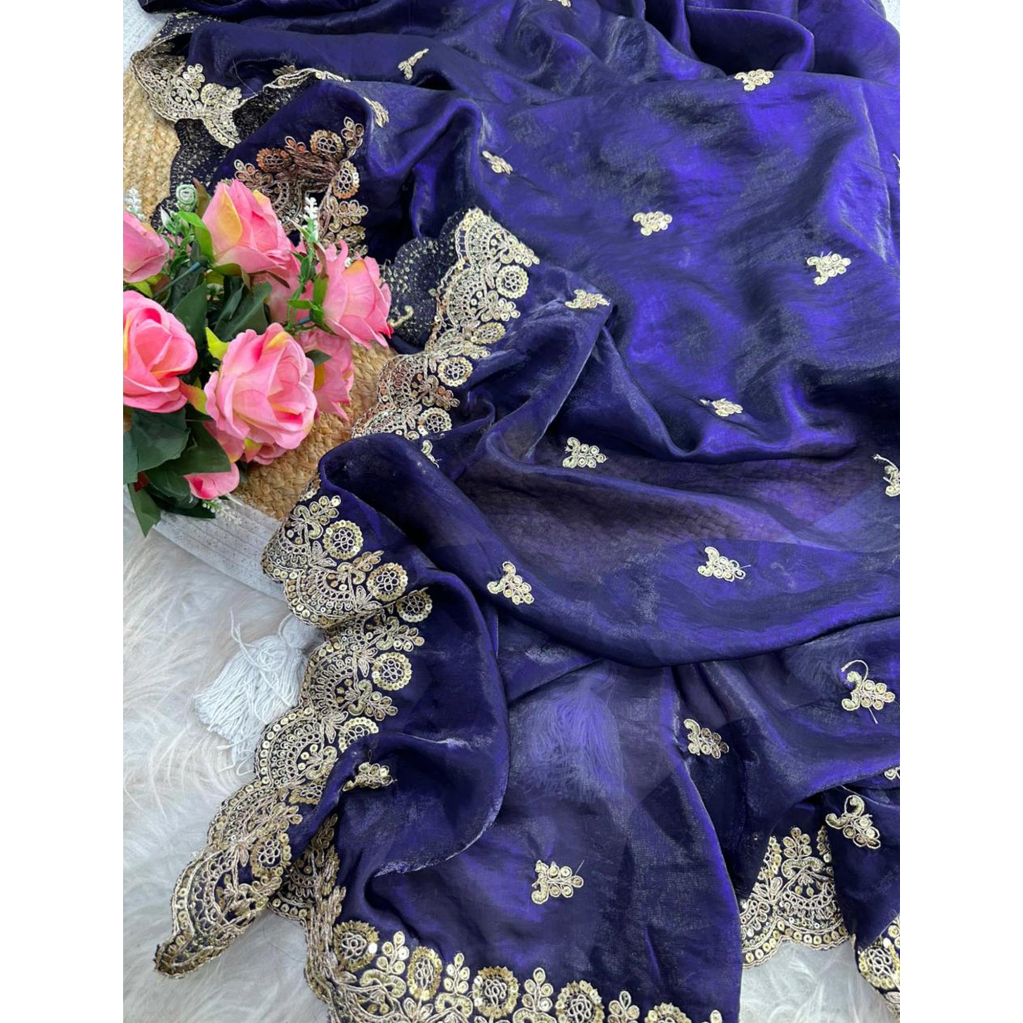 Trendy Dark Blue Fancy Satin Saree Enhanced with Rich Golden Embroidered Design