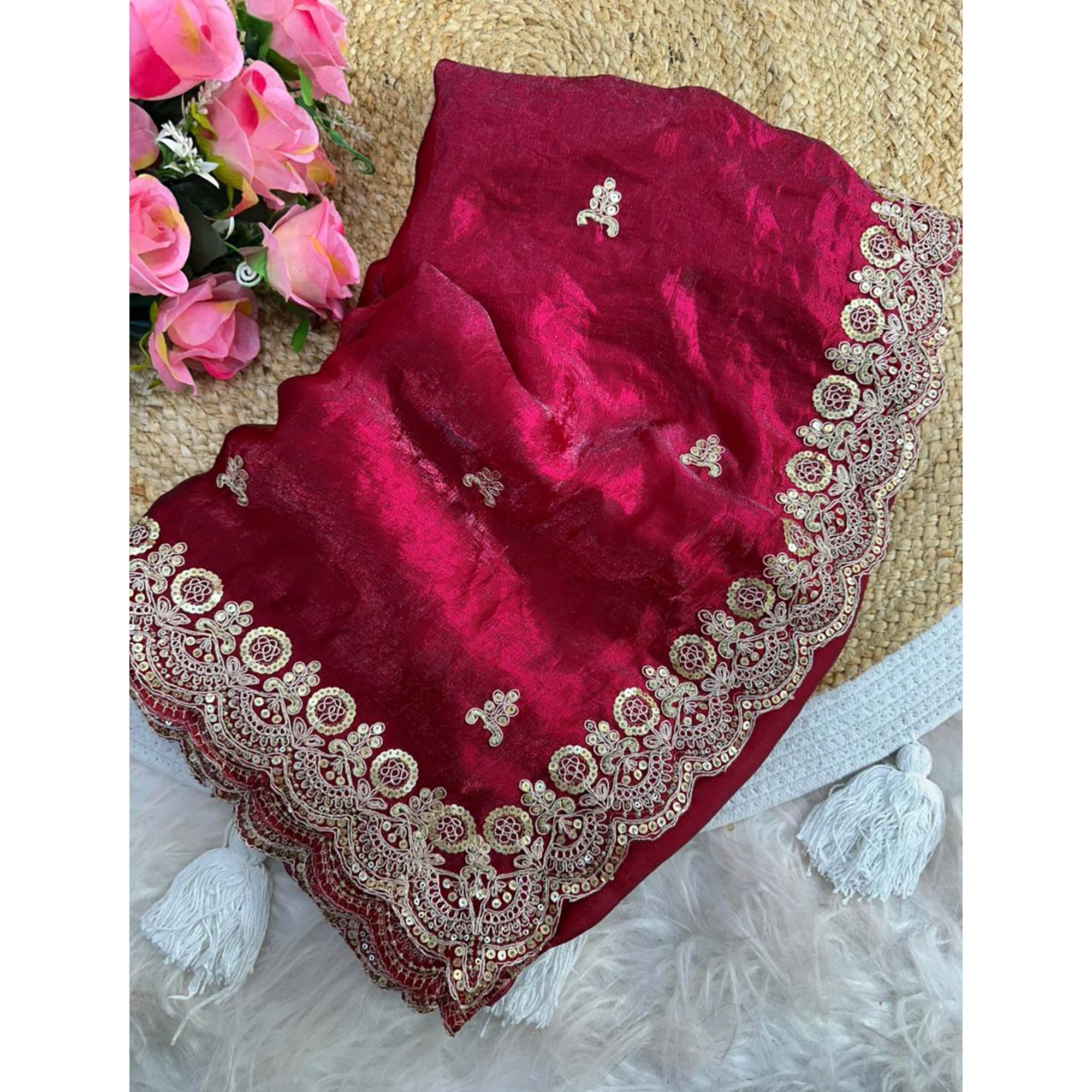 Trendy Maroon Fancy Satin Saree Enhanced with Rich Golden Embroidered Design