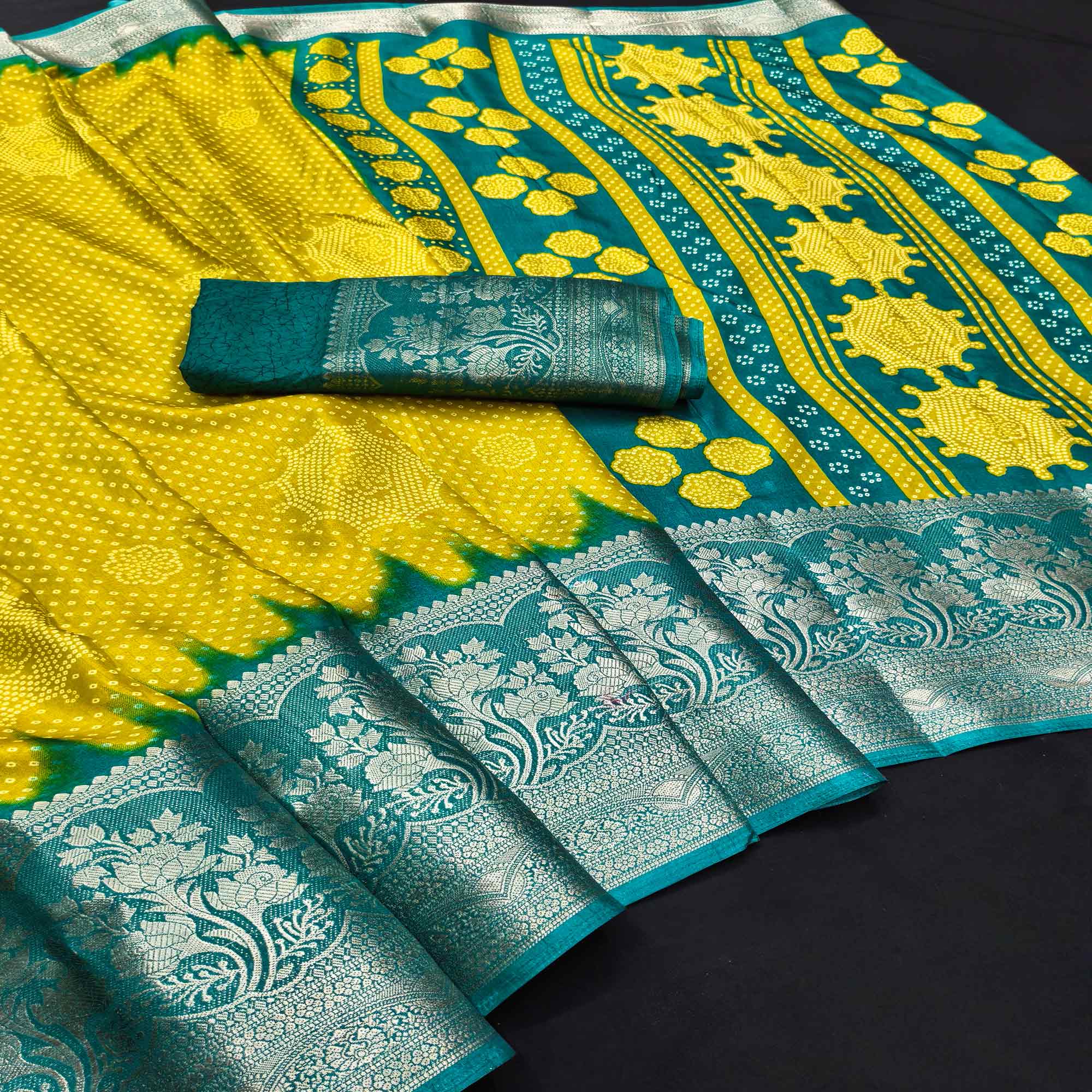 Lemon Green Bandhani Printed Dola Silk Saree Adorned With Luxe Floral Weaving Border Work