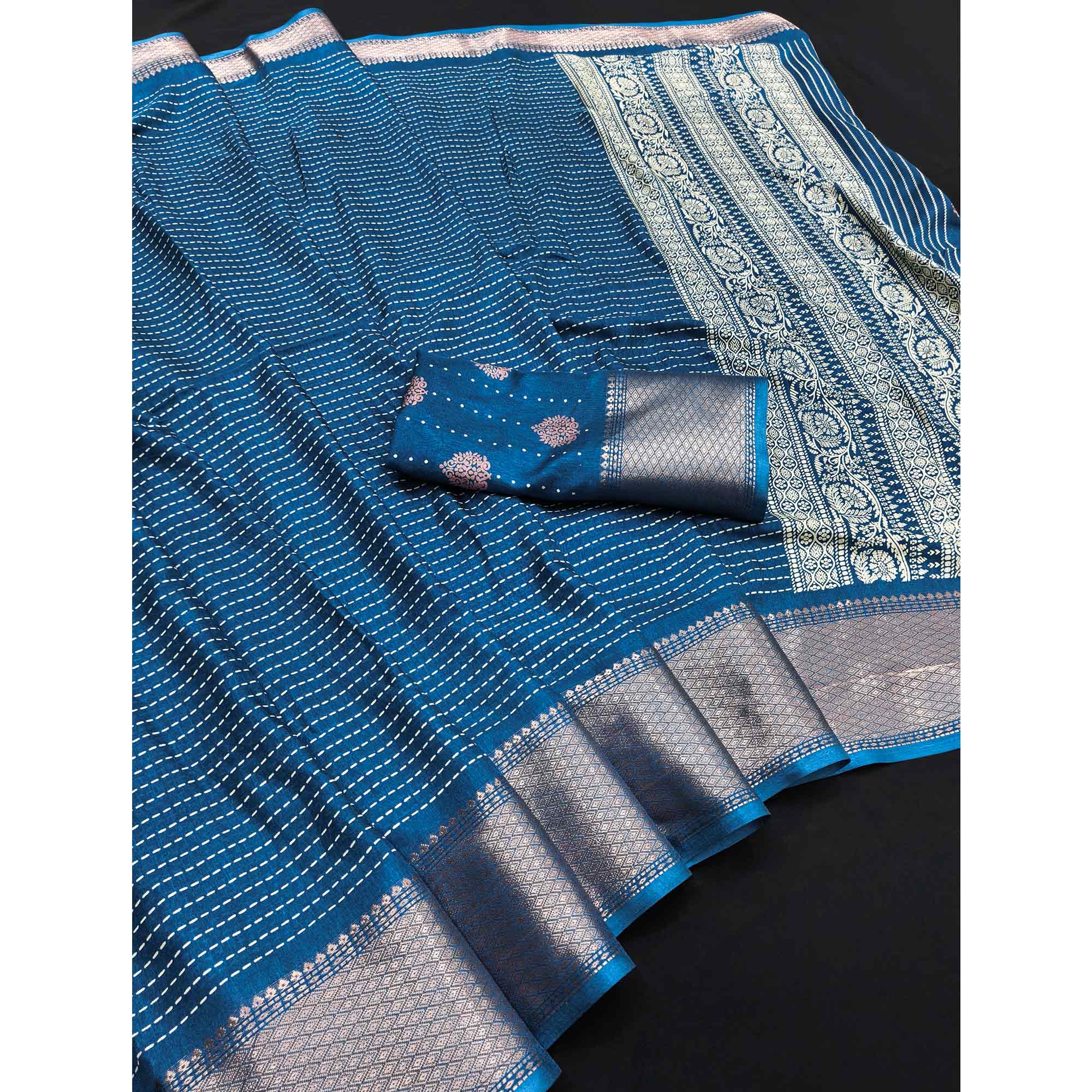 Stylish Blue Striped Print Dola Silk Saree Adorned With Textured Weaving Border