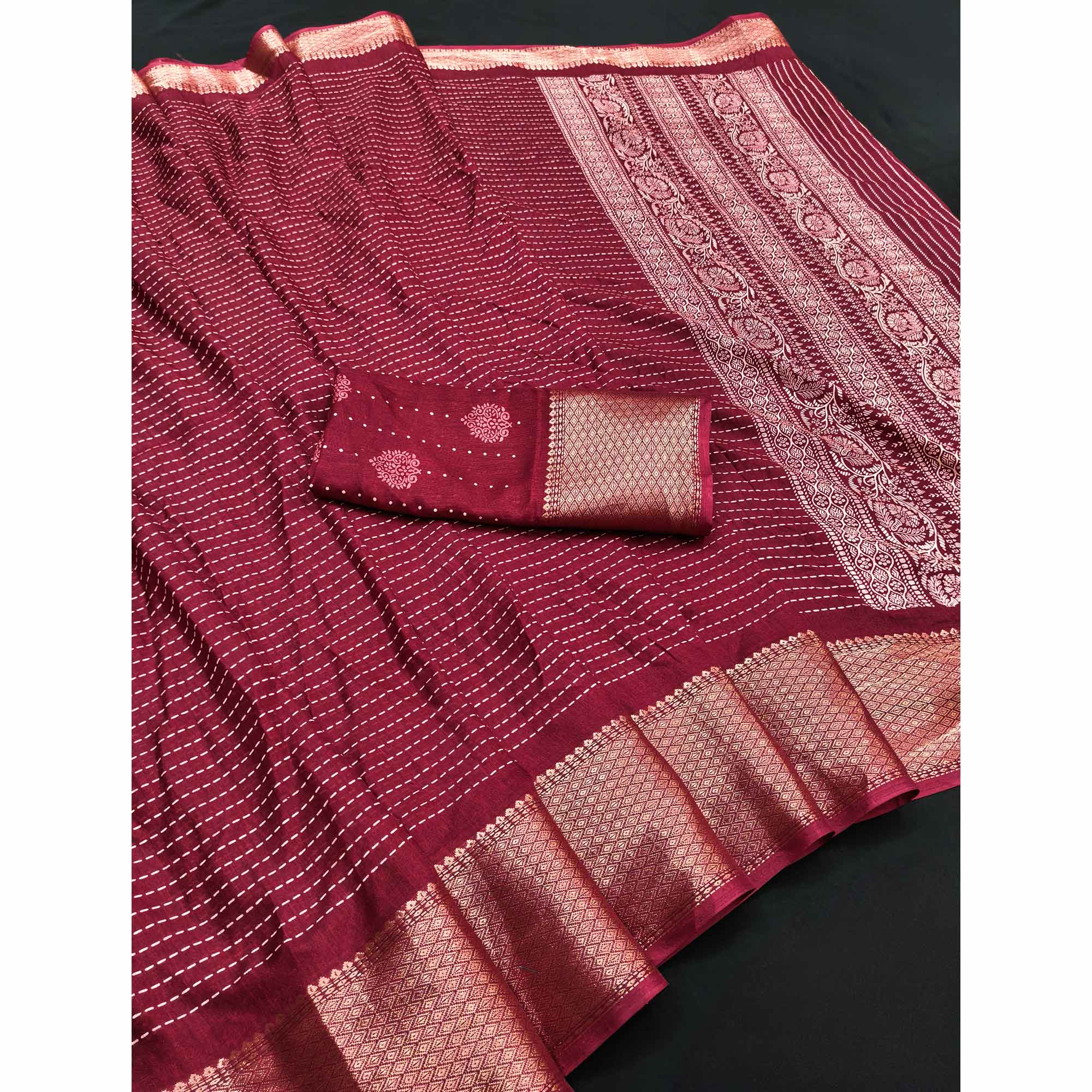 Stylish Maroon Striped Print Dola Silk Saree Adorned With Textured Weaving Border