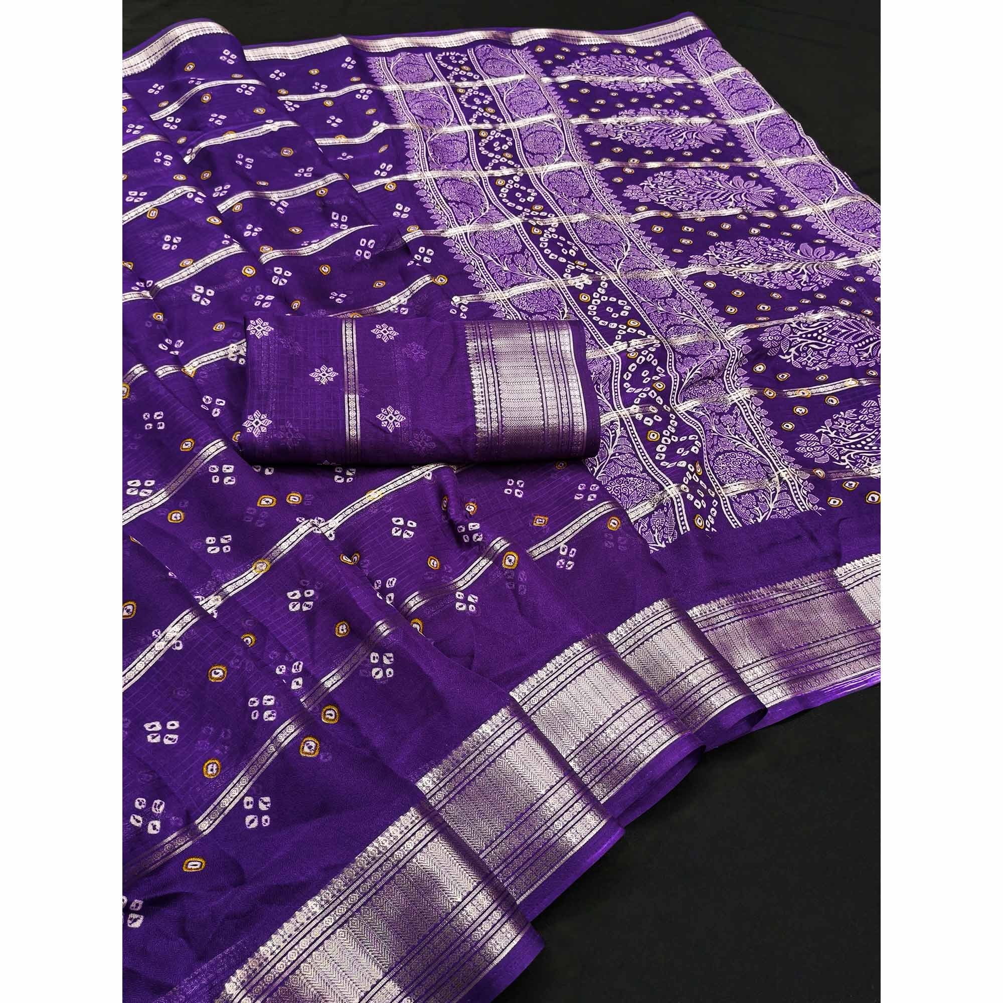 Classic Purple Art Silk Saree With Striped Weaving & Traditional Bandhani Print