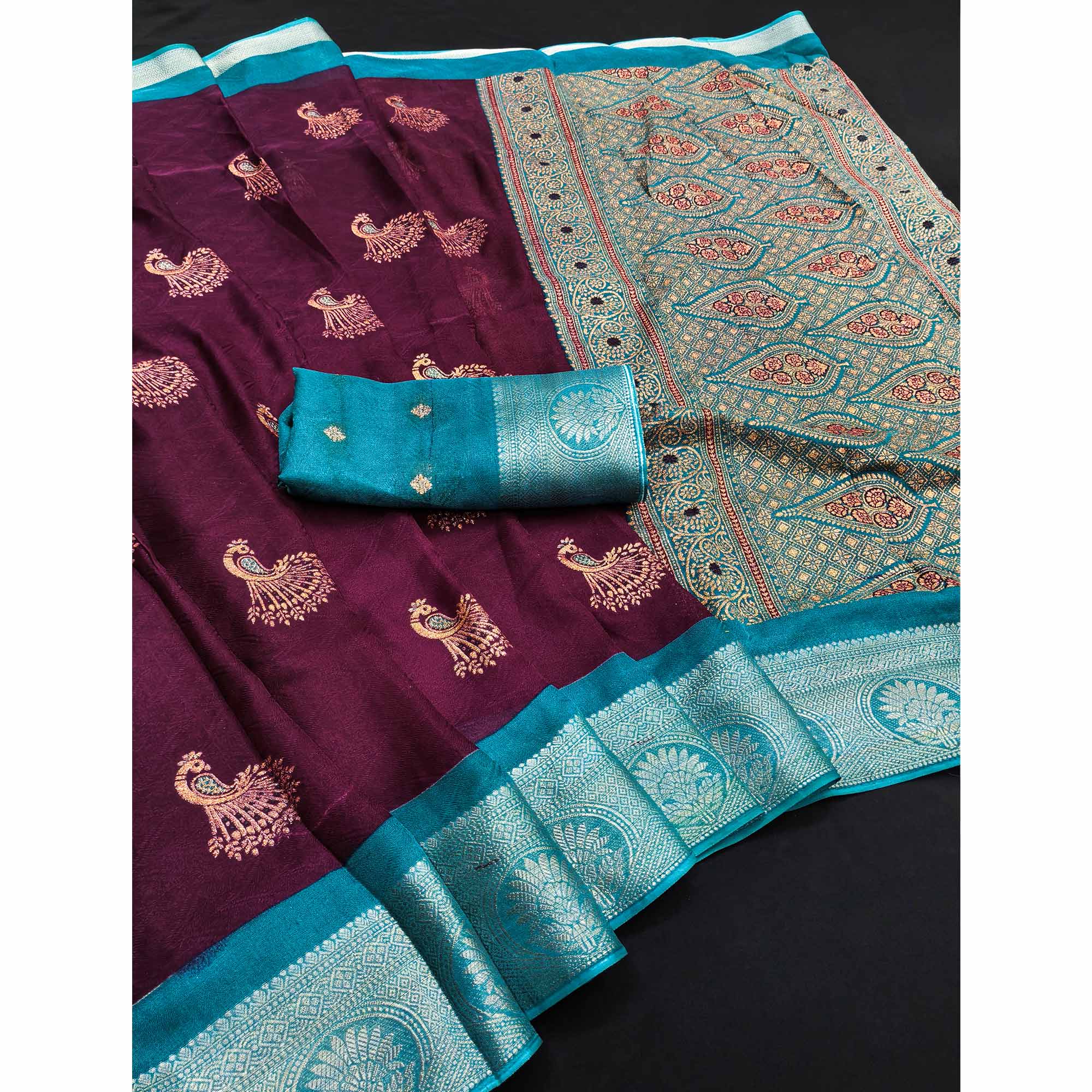 Festive Wine Dola Silk Saree Enhanced with Ornate Zari Weaving
