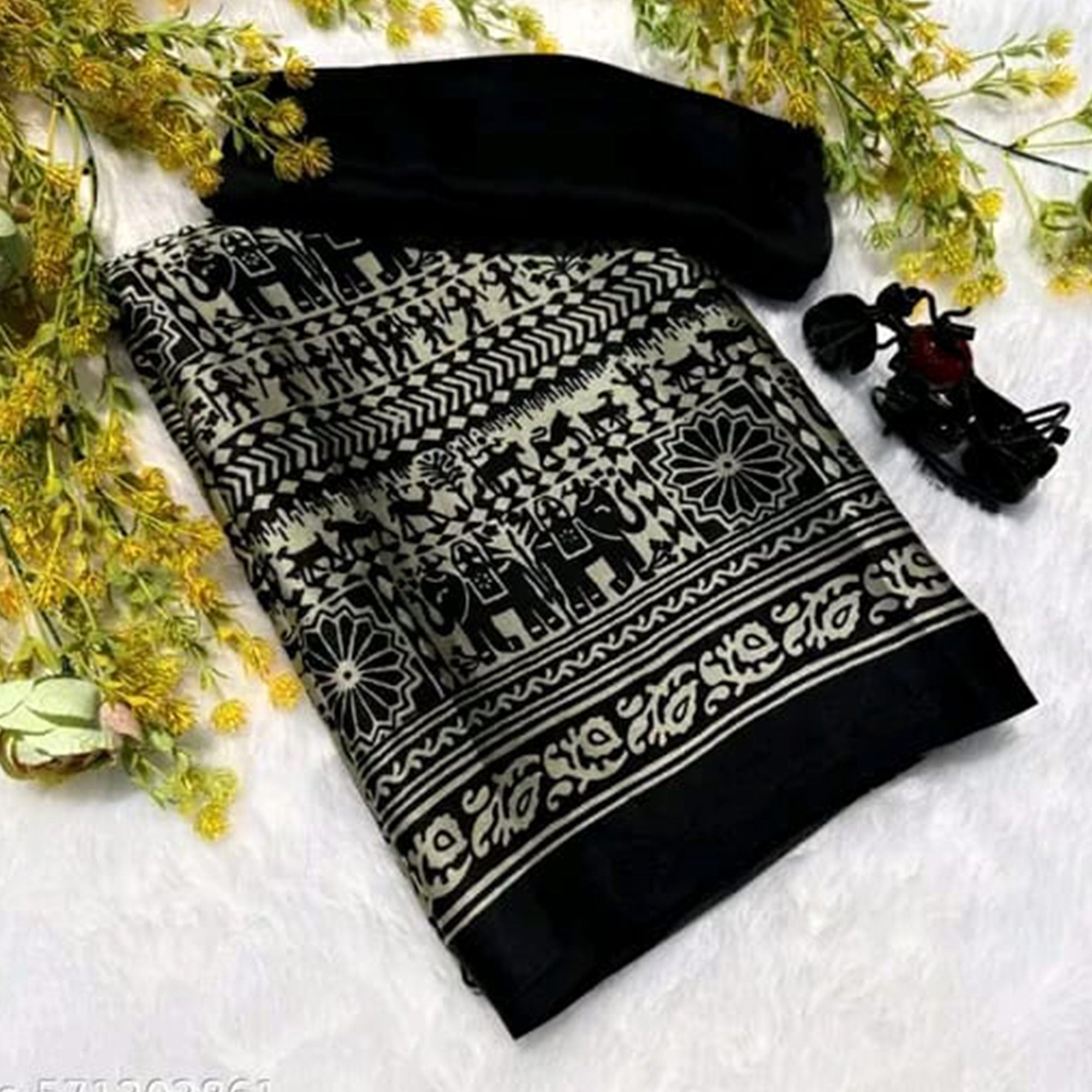 Stylish Grey & Black Printed Crepe Saree Perfect for Party Looks
