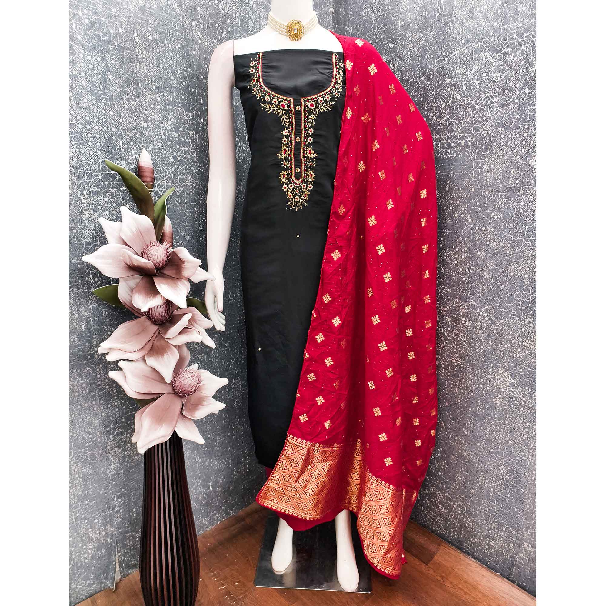 Black Chanderi Silk Dress Material Featuring Intricate Beads & Stone Embroidery