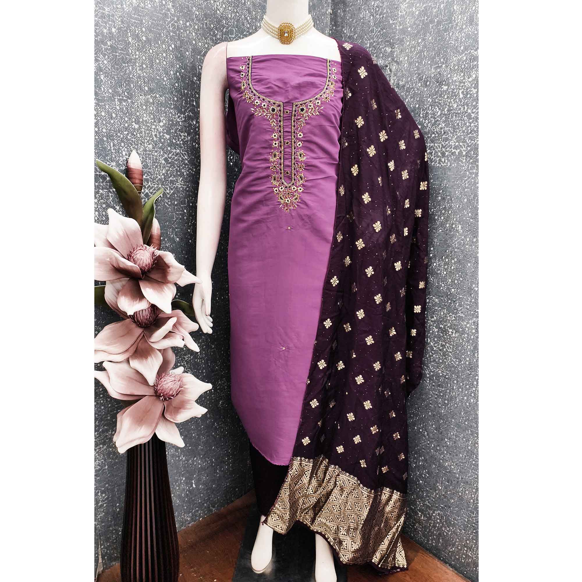 Light Purple Chanderi Silk Dress Material Featuring Intricate Beads & Stone Embroidery