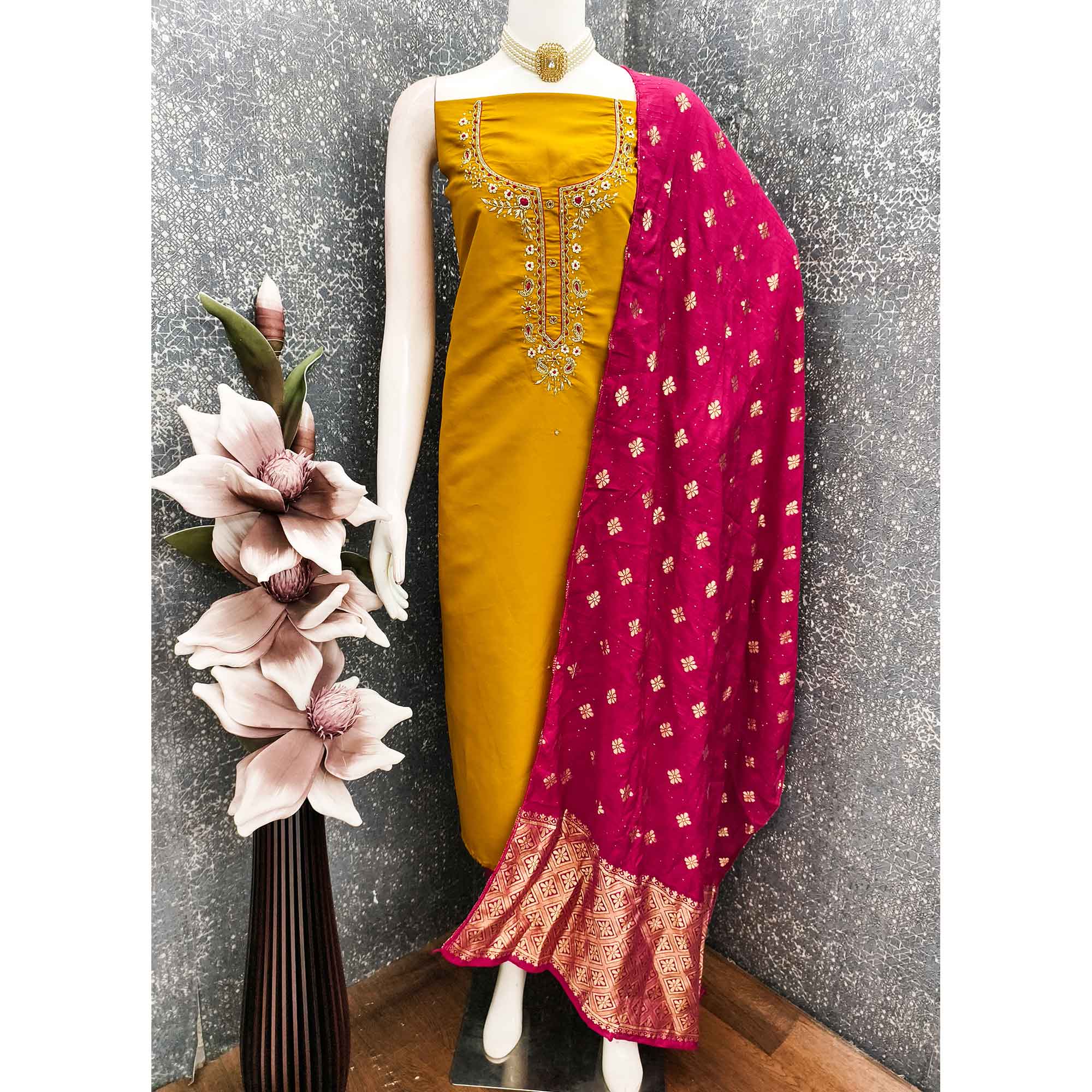 Mustard Chanderi Silk Dress Material Featuring Intricate Beads & Stone Embroidery