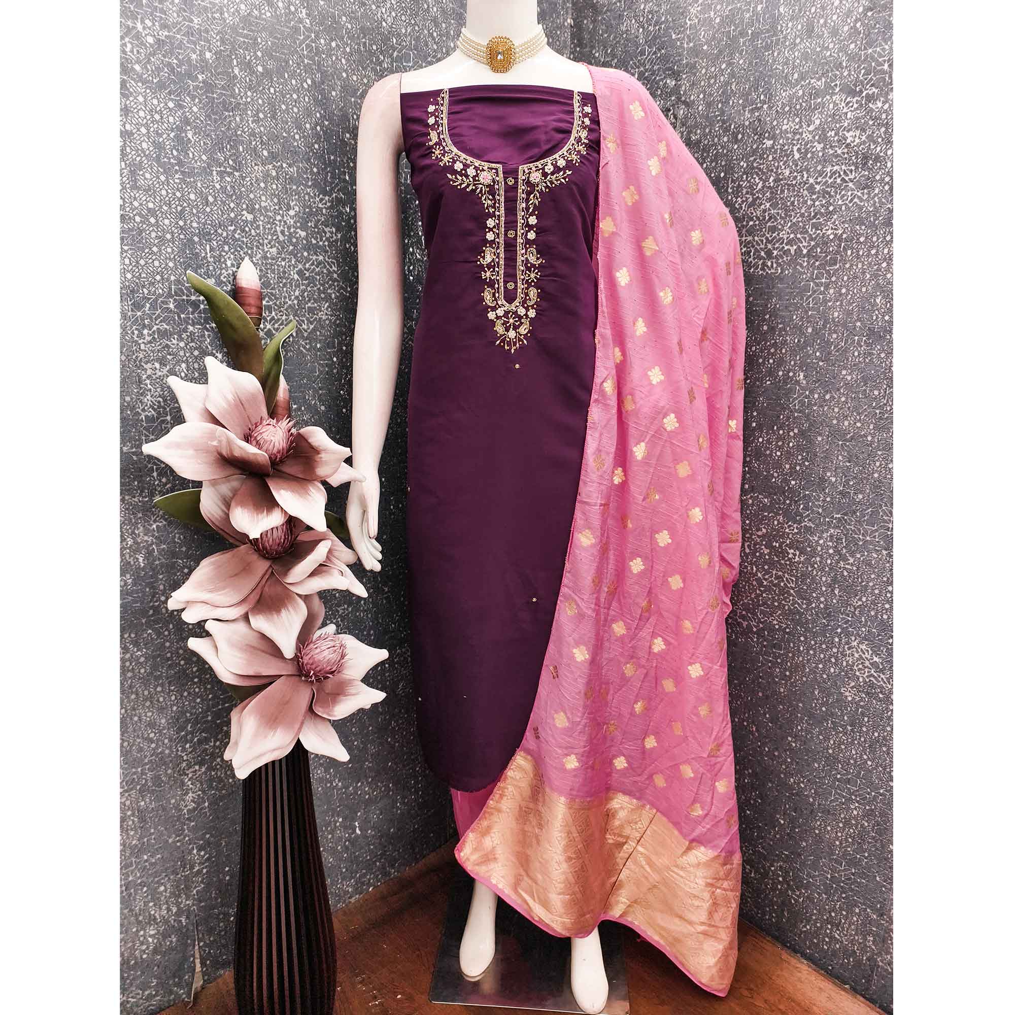 Wine Chanderi Silk Dress Material Featuring Intricate Beads & Stone Embroidery