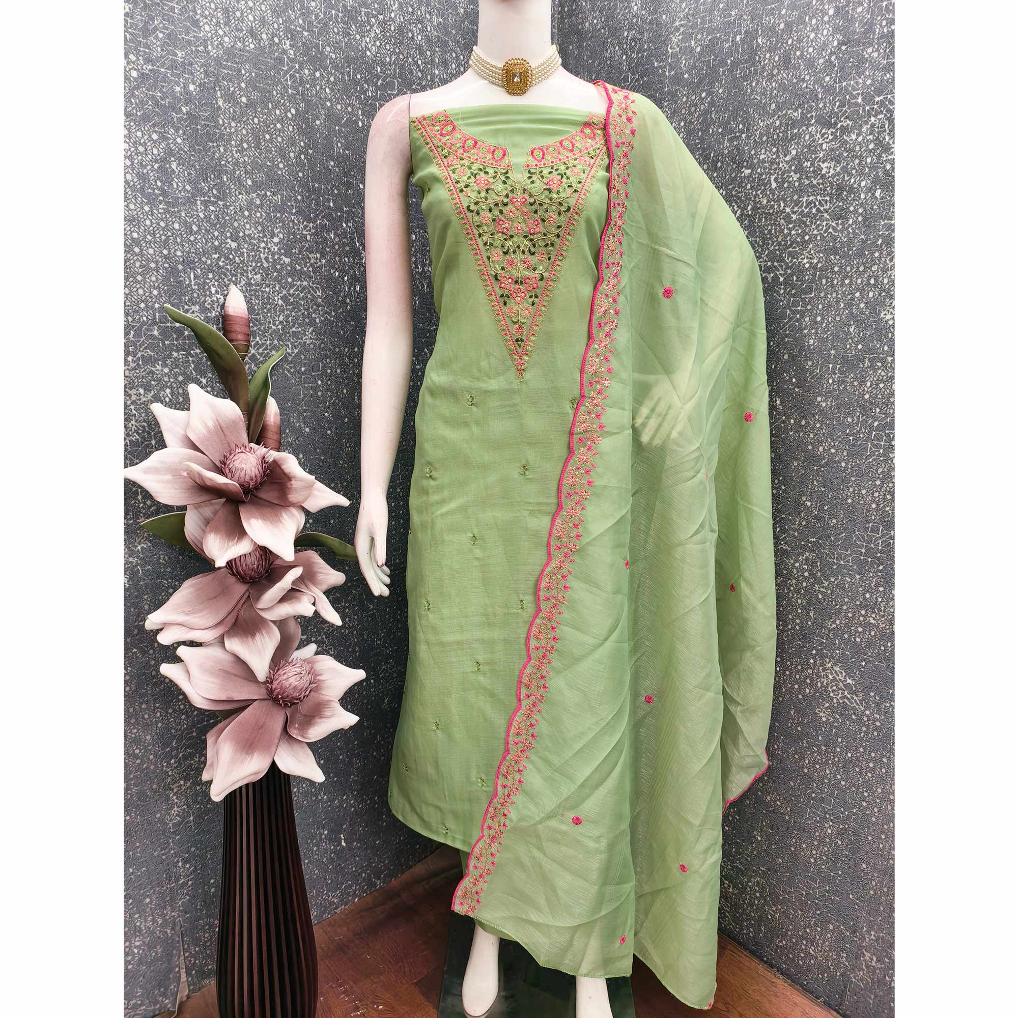 Vibrant Green Art Silk Dress Fabric with Timeless Golden Thread Embellishment