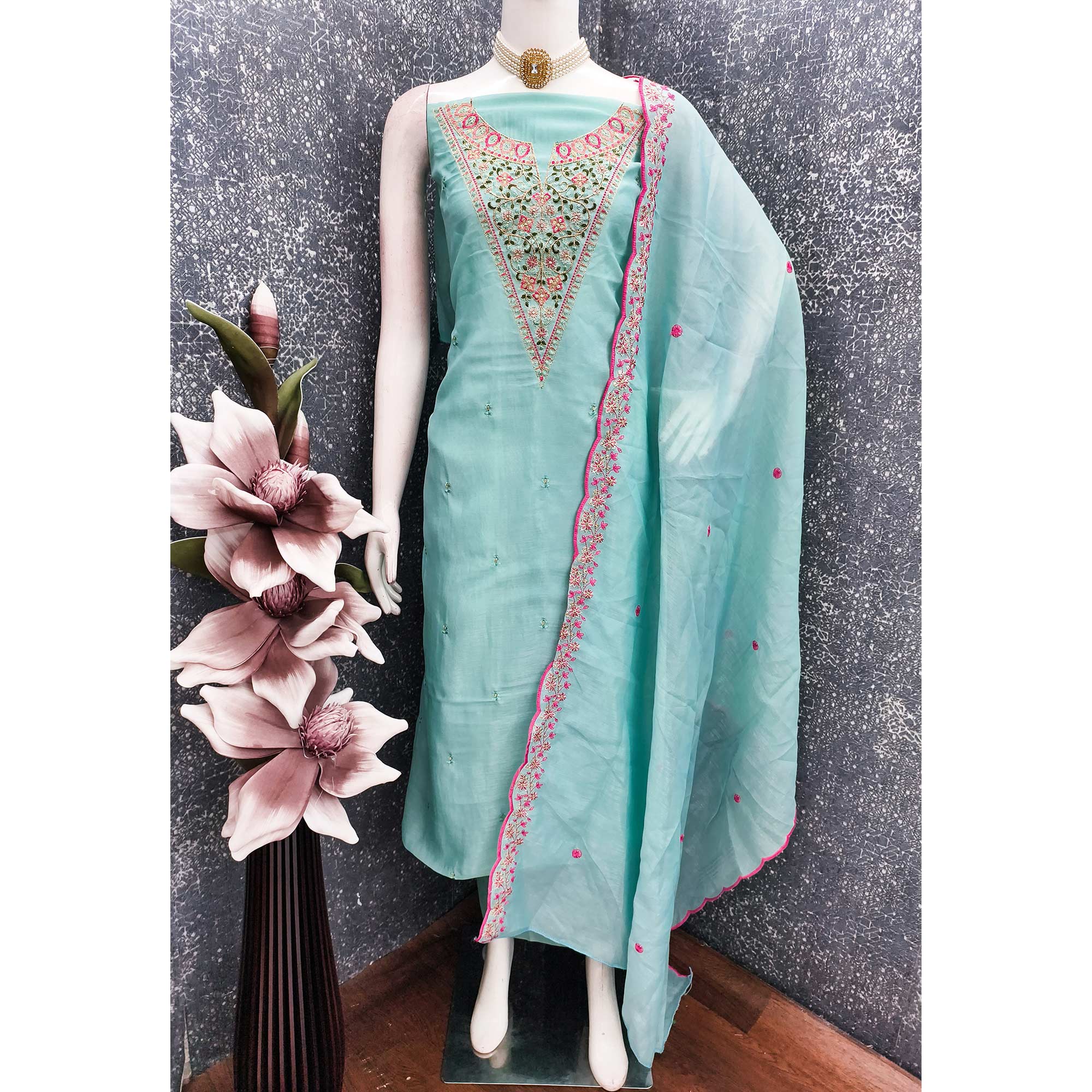 Vibrant Turquoise Art Silk Dress Fabric with Timeless Golden Thread Embellishment