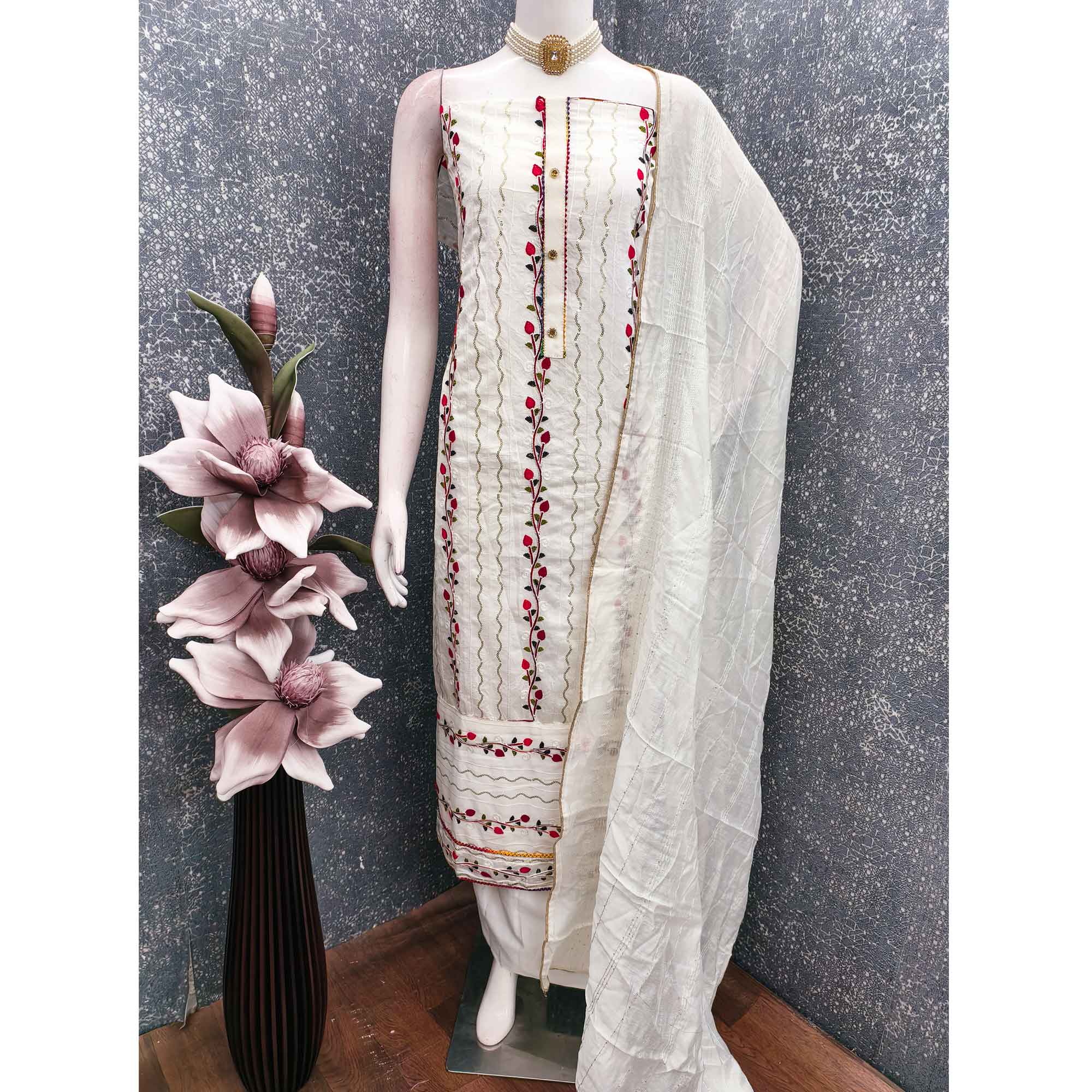 Alluring White Chanderi Silk Dress Fabric Featuring Delicate Sequins Embroidery