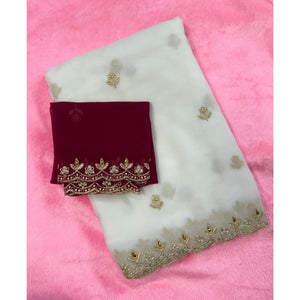 Graceful White Georgette Saree Adorned With Floral Embroidery & Moti Beads Detailing