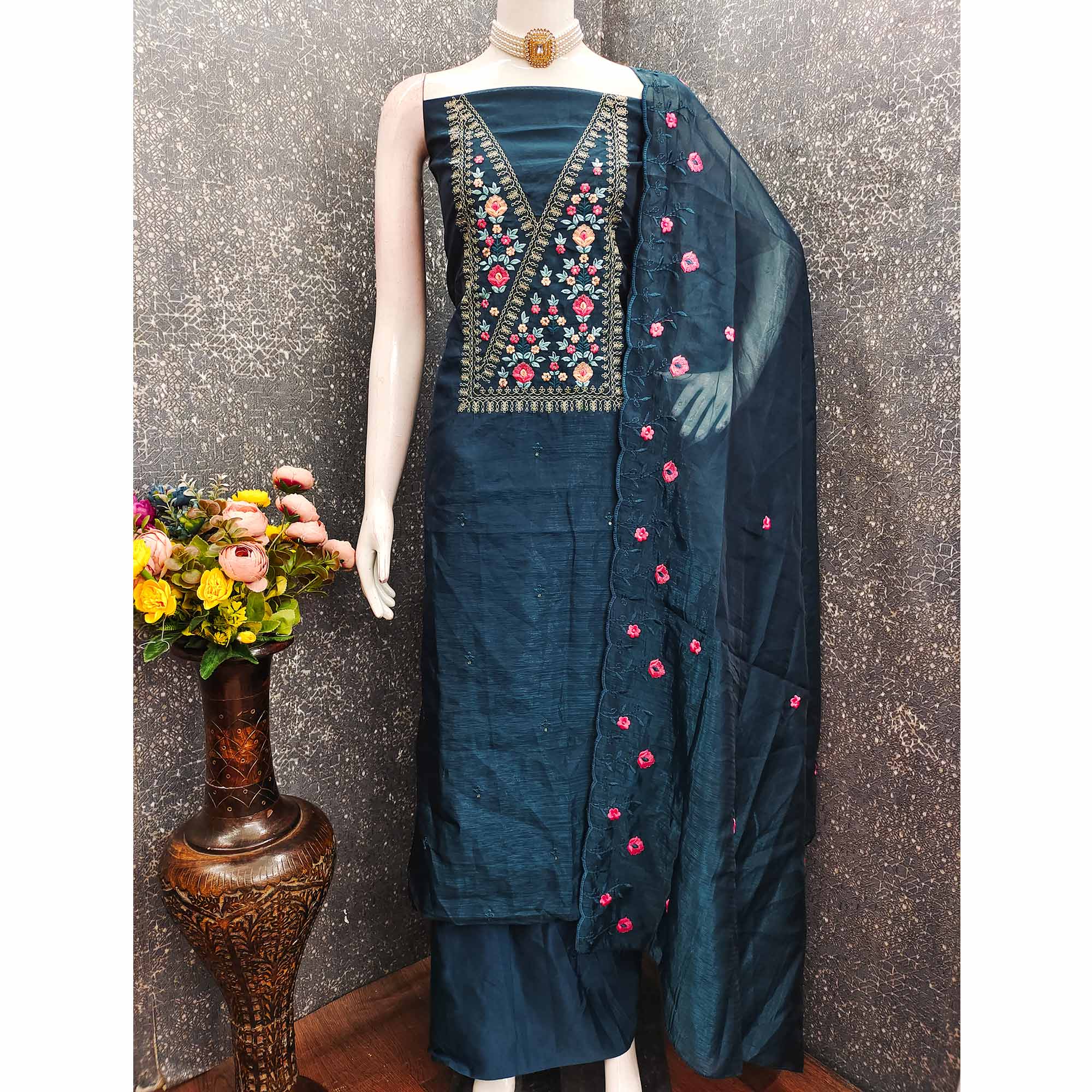 Majestic Bloom Blue Art Silk Dress Material With Exquisite Floral & Sequins Detailing