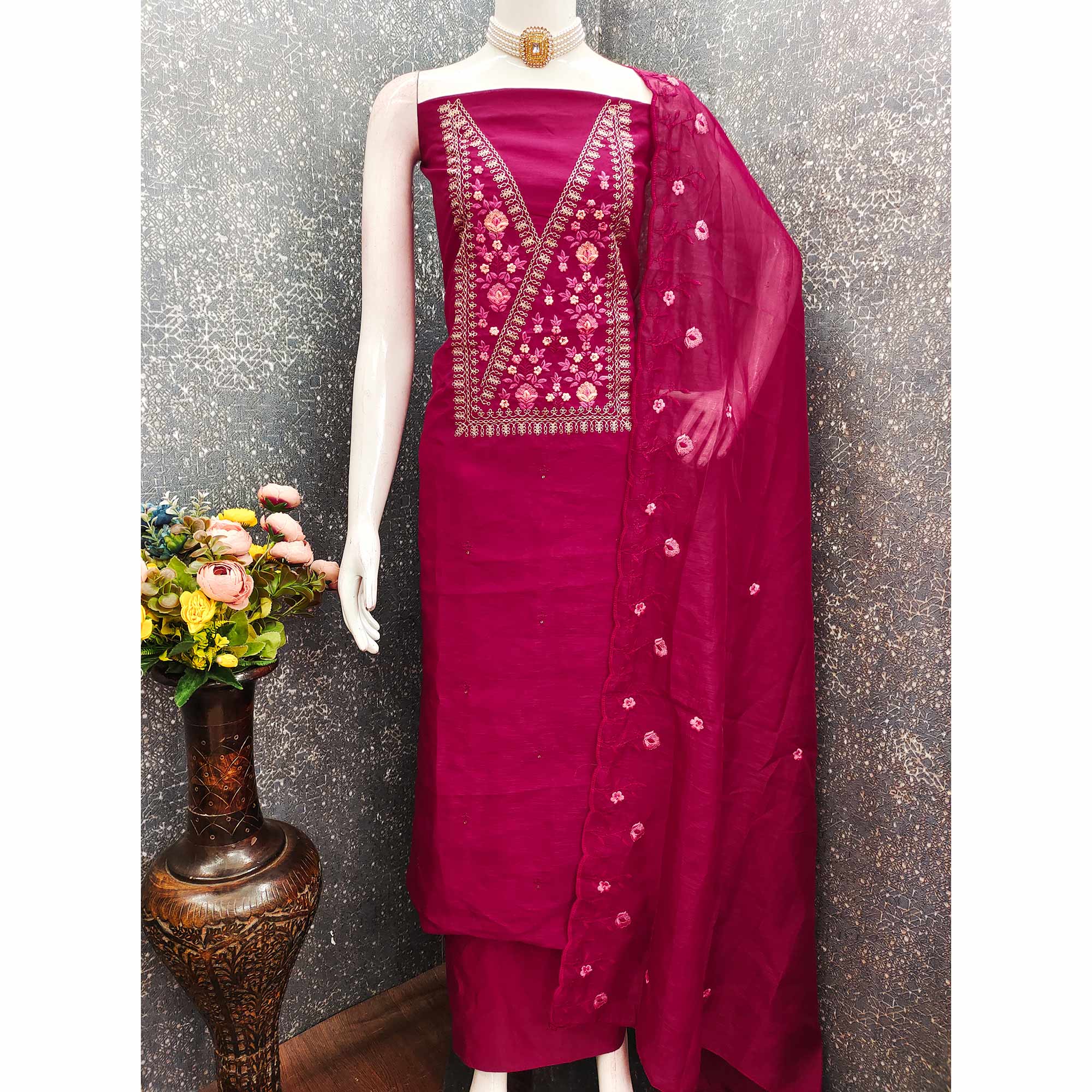 Majestic Bloom Pink Art Silk Dress Material With Exquisite Floral & Sequins Detailing