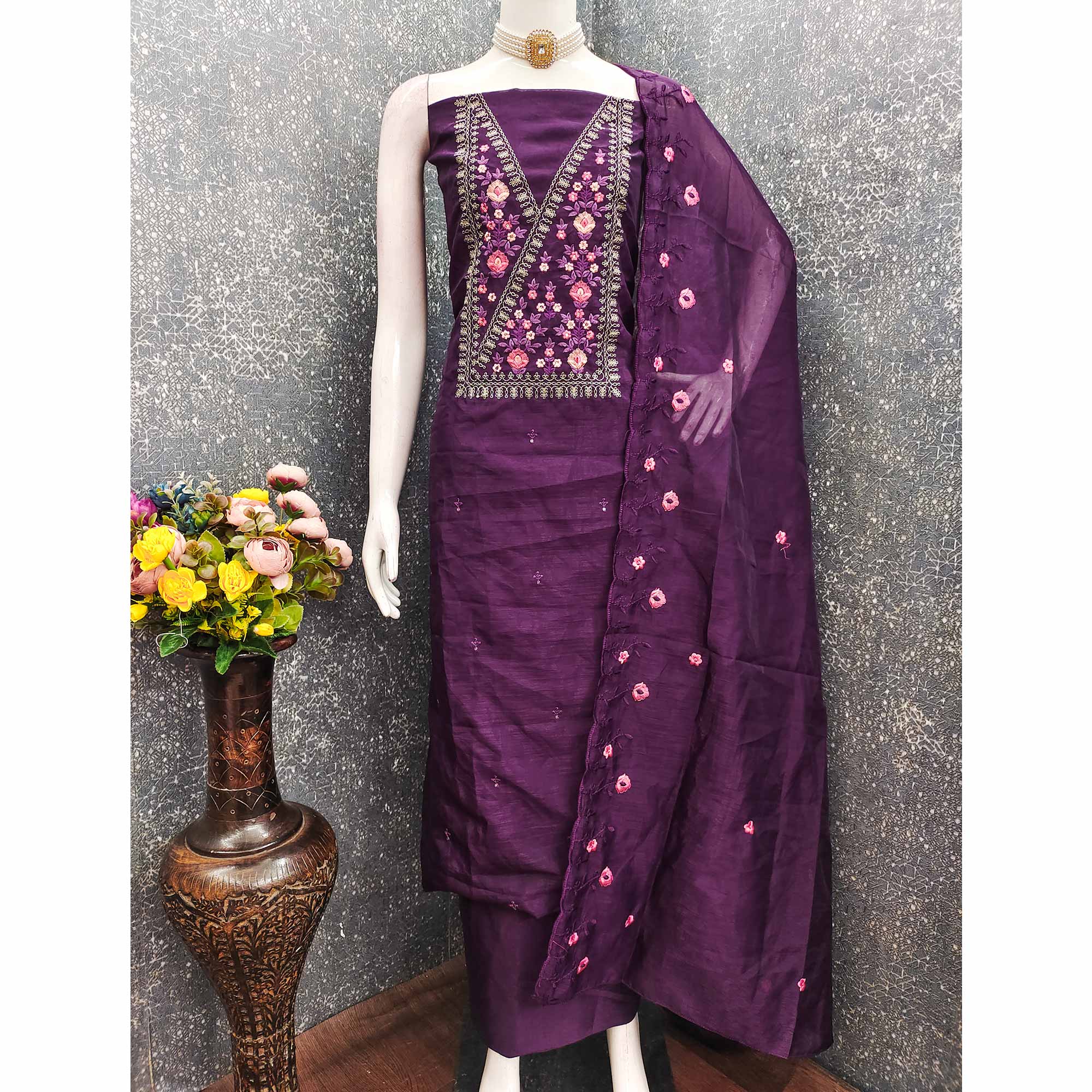 Majestic Bloom Purple Art Silk Dress Material With Exquisite Floral & Sequins Detailing