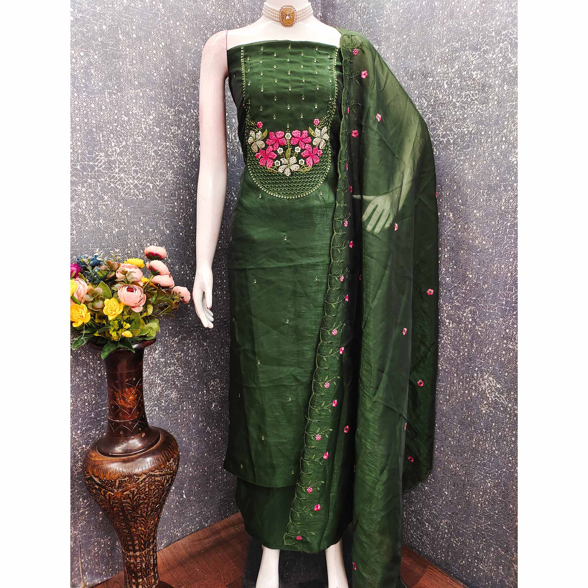 Ethereal Grace Green Floral Embroidered & Sequins Enhanced Art Silk Dress Material
