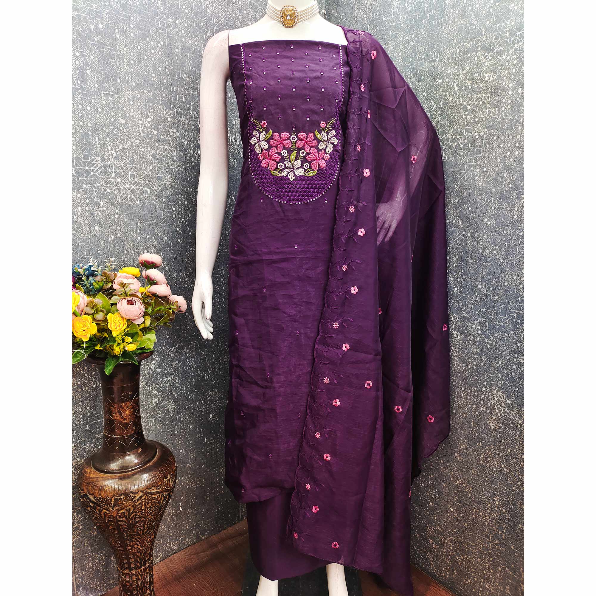 Ethereal Grace Purple Floral Embroidered & Sequins Enhanced Art Silk Dress Material