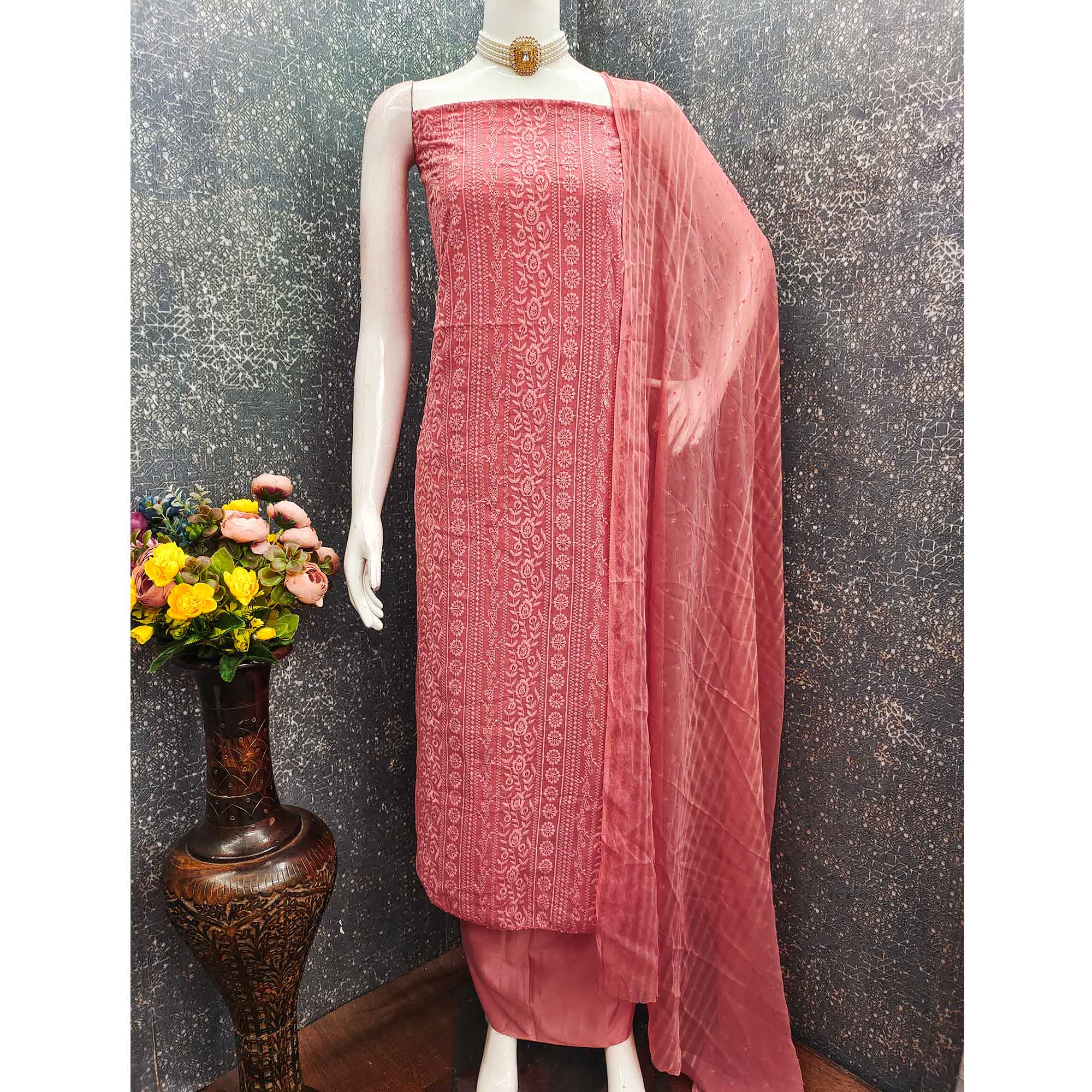 Stunning Coral Pink Floral Embroidery With Sparkling Sequins Work Georgette Dress Material