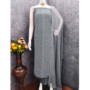 Stunning Grey Floral Embroidery With Sparkling Sequins Work Georgette Dress Material