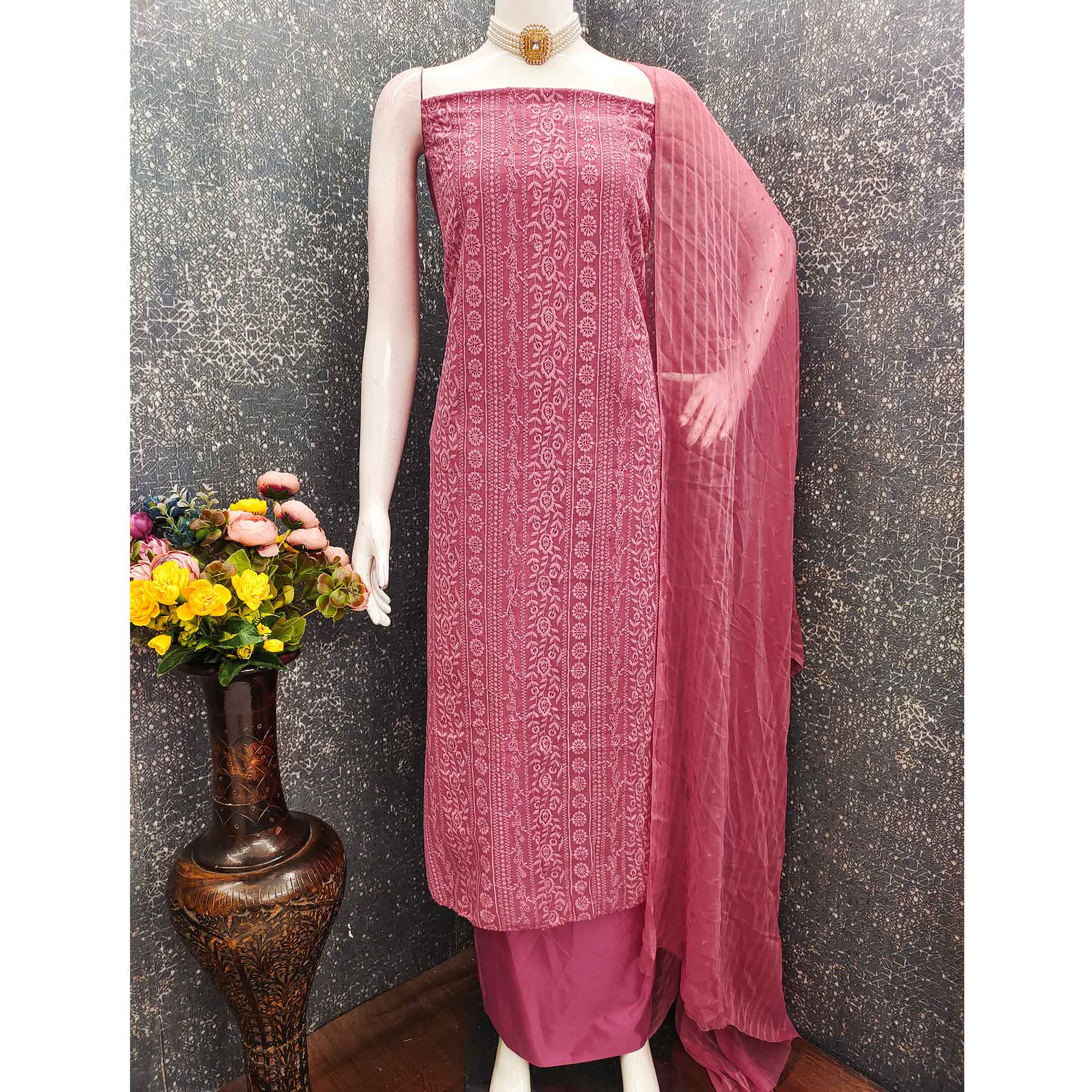 Stunning Rani Pink Floral Embroidery With Sparkling Sequins Work Georgette Dress Material